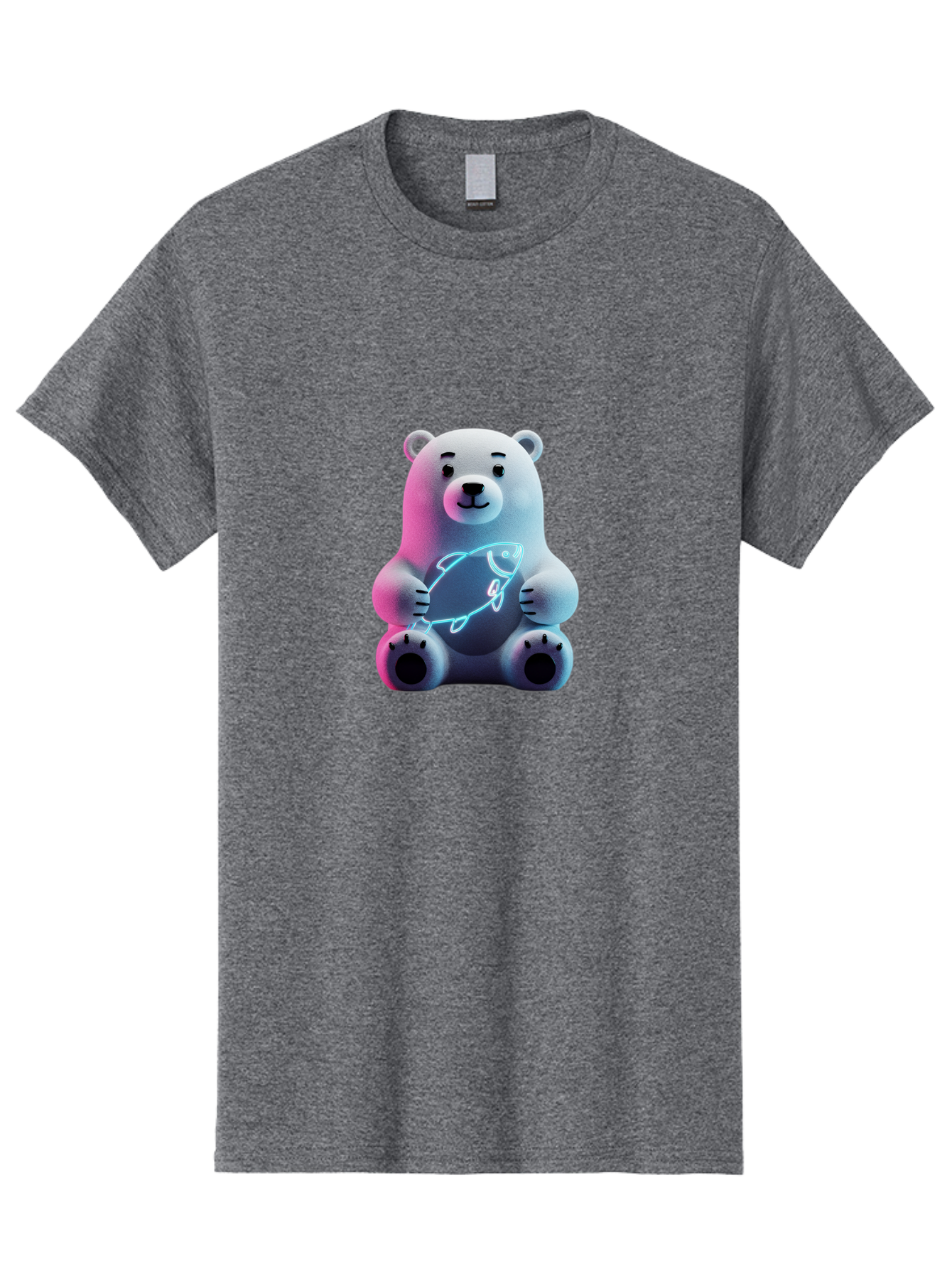 Polar-Bear-With-Fish-4 Men'S Graphic Tee, 100% Cotton, Comfortable Casual Summer Wear, Machine Washable, Polar Bear Holding Fish, Neon Light, Cartoon Character, Cute Animal, 3D Illustration, Glowing Effect, Cartoon Style, Digital Art Bae673