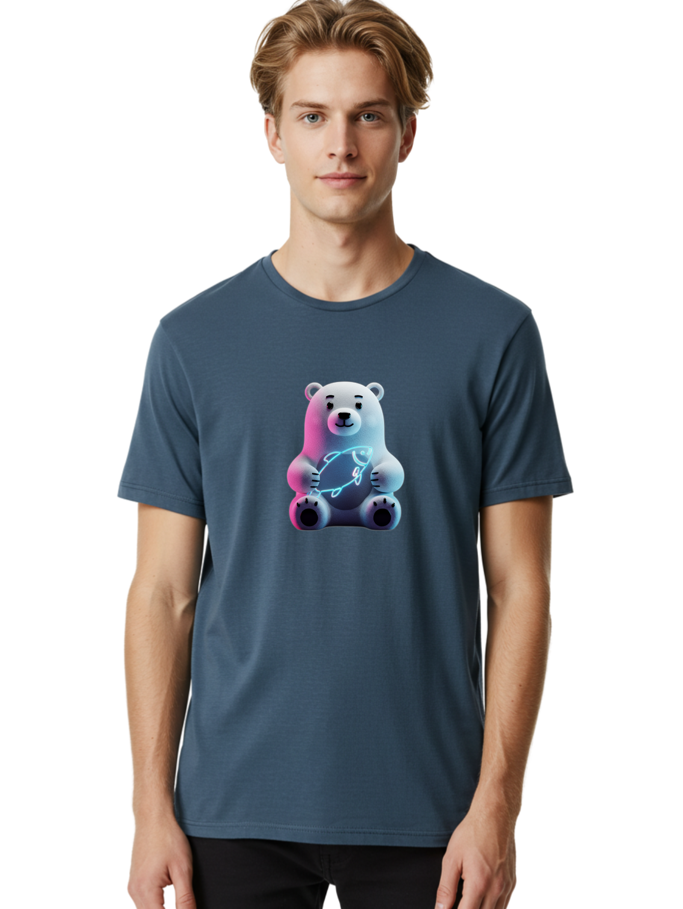 Polar-Bear-With-Fish-4 Men'S Graphic Tee, 100% Cotton, Comfortable Casual Summer Wear, Machine Washable, Polar Bear Holding Fish, Neon Light, Cartoon Character, Cute Animal, 3D Illustration, Glowing Effect, Cartoon Style, Digital Art Bae673