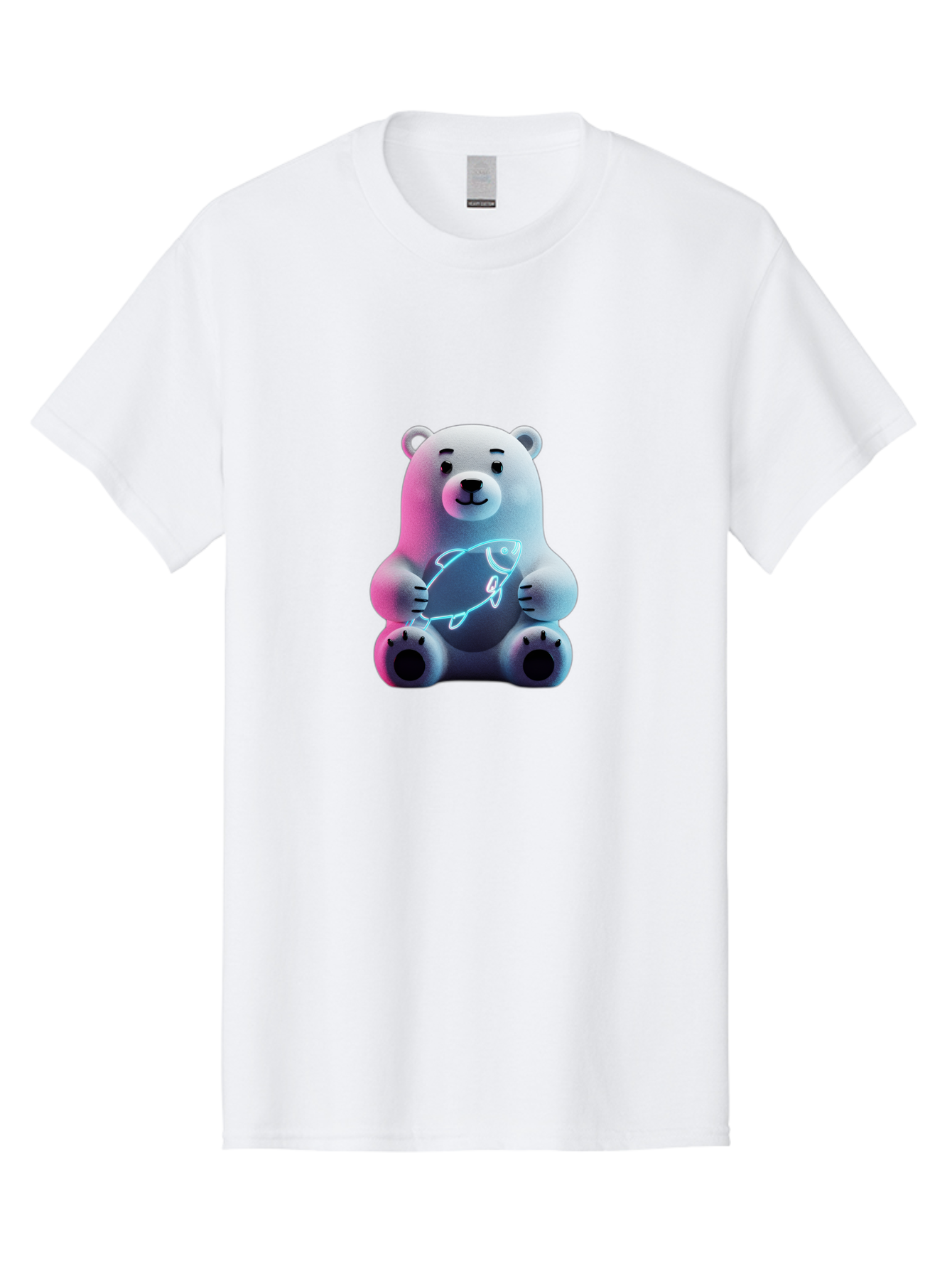 Polar-Bear-With-Fish-4 Men'S Graphic Tee, 100% Cotton, Comfortable Casual Summer Wear, Machine Washable, Polar Bear Holding Fish, Neon Light, Cartoon Character, Cute Animal, 3D Illustration, Glowing Effect, Cartoon Style, Digital Art Bae673