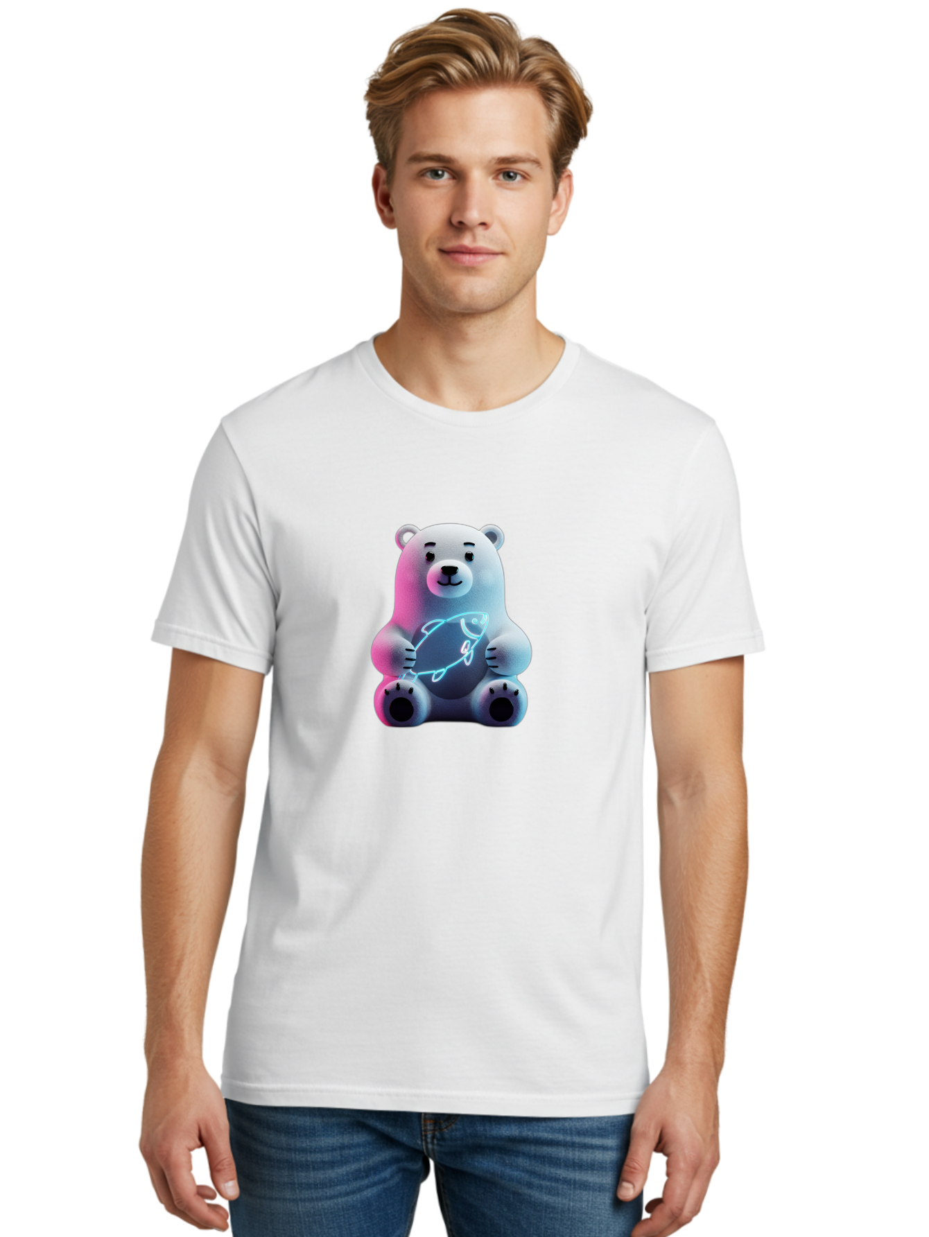 Polar-Bear-With-Fish-4 Men'S Graphic Tee, 100% Cotton, Comfortable Casual Summer Wear, Machine Washable, Polar Bear Holding Fish, Neon Light, Cartoon Character, Cute Animal, 3D Illustration, Glowing Effect, Cartoon Style, Digital Art Bae673