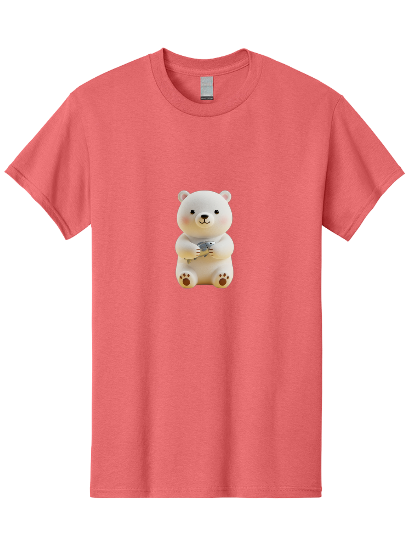 Polar-Bear-With-Fish Men'S Graphic Tee, 100% Cotton, Comfortable Casual Summer Wear, Machine Washable, Cute Polar Bear, White Bear, Holding Fish, Cartoon Character, Adorable Figurine, Kawaii Animal, Childlike Charm, Stuffed Animal, Bae674