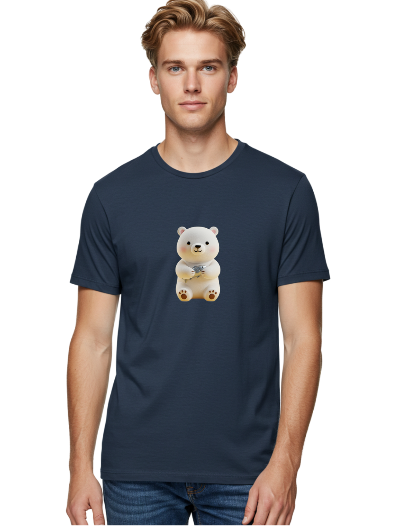 Polar-Bear-With-Fish Men'S Graphic Tee, 100% Cotton, Comfortable Casual Summer Wear, Machine Washable, Cute Polar Bear, White Bear, Holding Fish, Cartoon Character, Adorable Figurine, Kawaii Animal, Childlike Charm, Stuffed Animal, Bae674