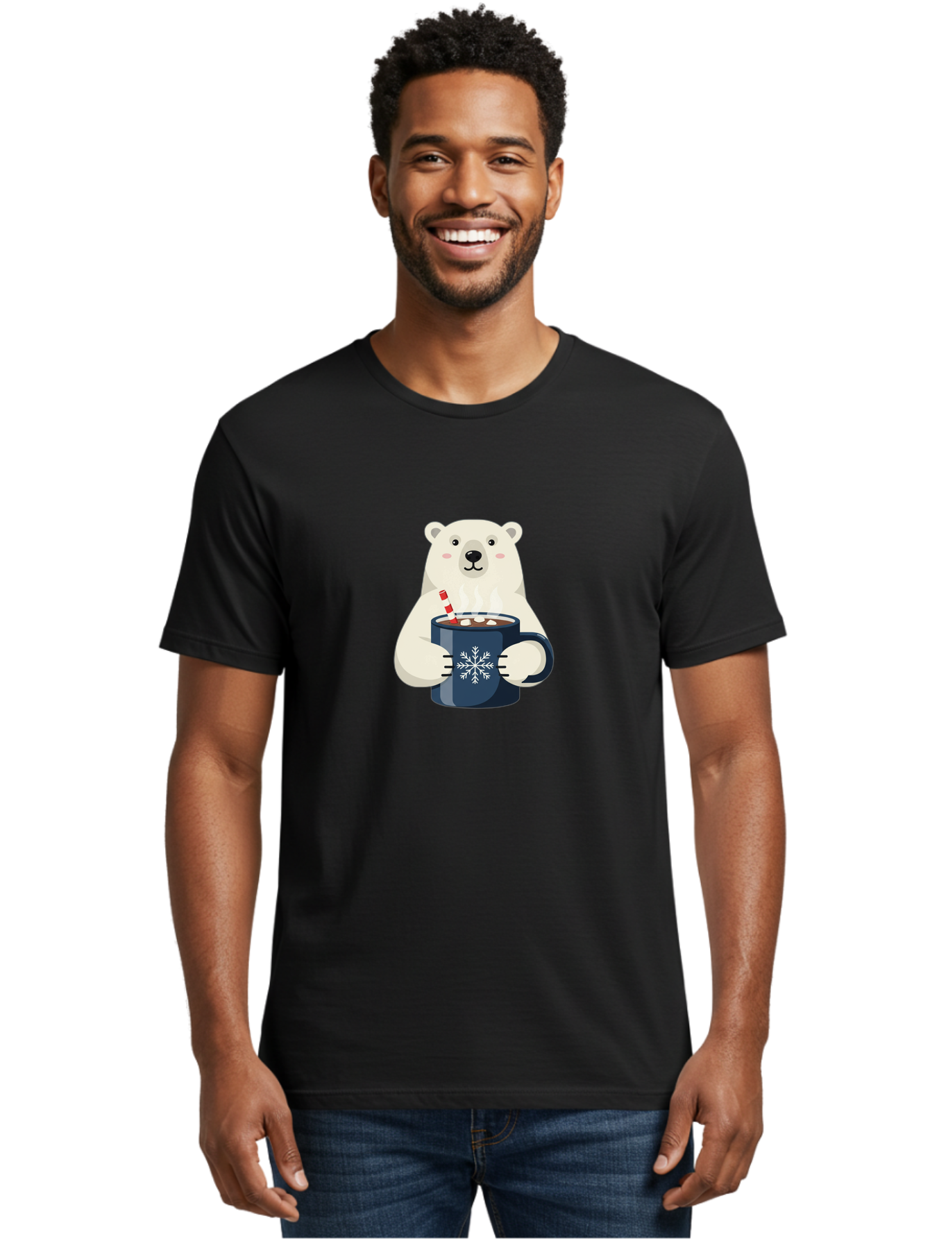 Polar-Bear-With-Hot-Chocolate Men'S Graphic Tee, 100% Cotton, Comfortable Casual Summer Wear, Machine Washable, Polar Bear, Hot Chocolate, Winter Wonderland, Snowflake Mug, Festive Drink, Adorable Bear, Candy Cane Straw, Marshmallow Topping, Bae675