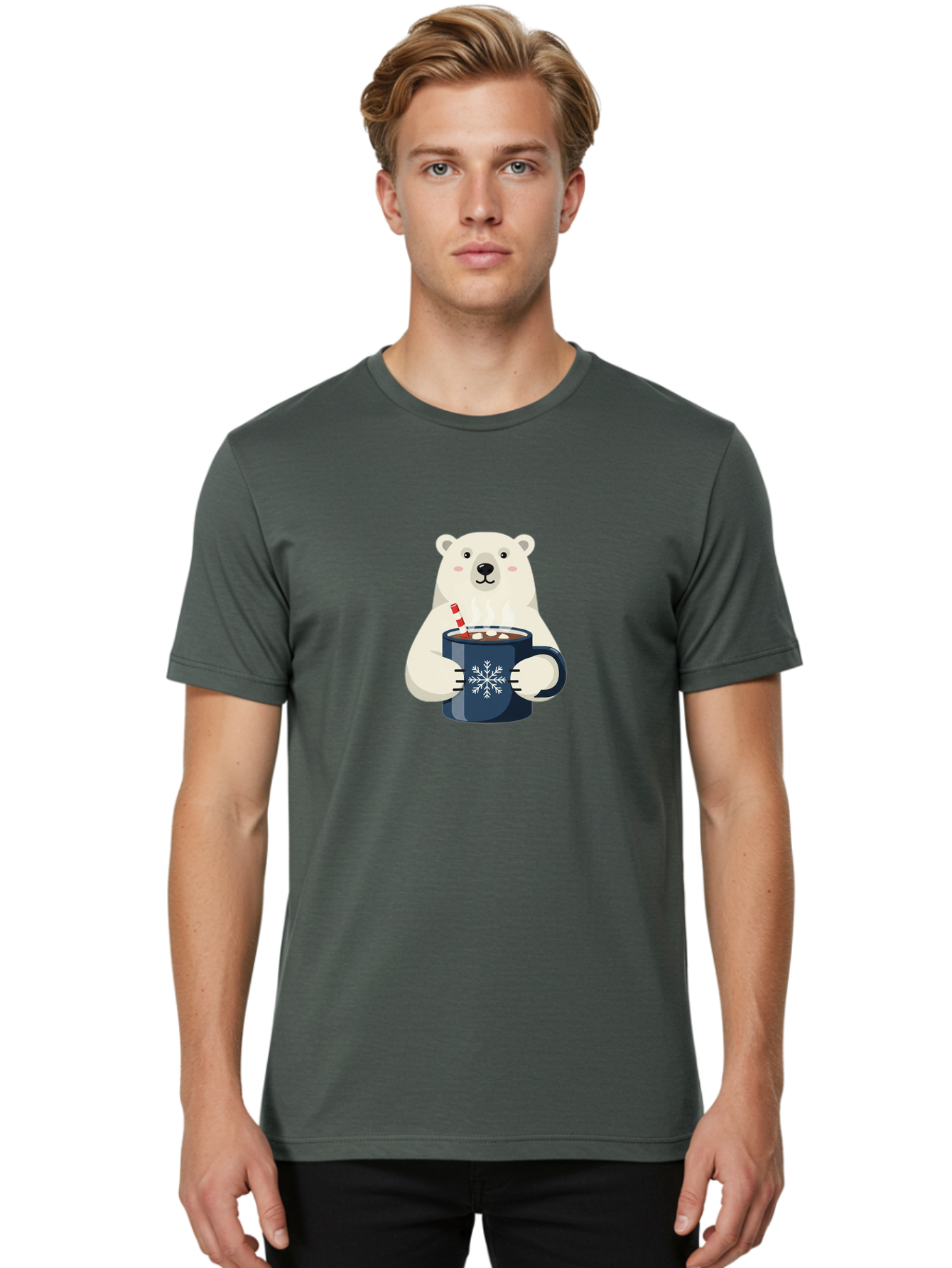 Polar-Bear-With-Hot-Chocolate Men'S Graphic Tee, 100% Cotton, Comfortable Casual Summer Wear, Machine Washable, Polar Bear, Hot Chocolate, Winter Wonderland, Snowflake Mug, Festive Drink, Adorable Bear, Candy Cane Straw, Marshmallow Topping, Bae675