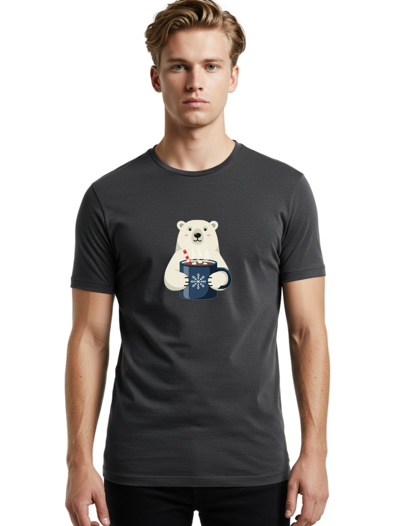 Polar-Bear-With-Hot-Chocolate Men'S Graphic Tee, 100% Cotton, Comfortable Casual Summer Wear, Machine Washable, Polar Bear, Hot Chocolate, Winter Wonderland, Snowflake Mug, Festive Drink, Adorable Bear, Candy Cane Straw, Marshmallow Topping, Bae675