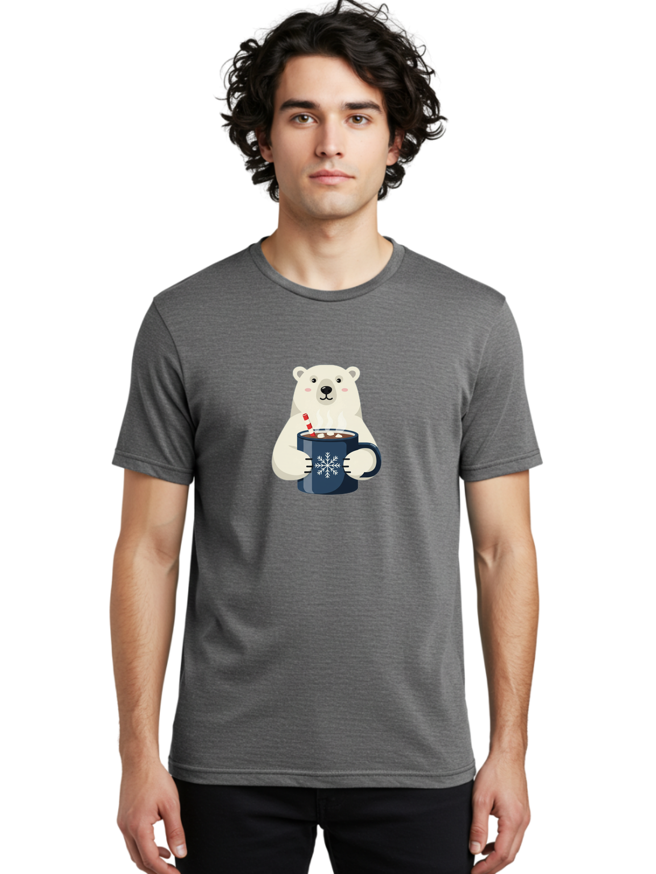 Polar-Bear-With-Hot-Chocolate Men'S Graphic Tee, 100% Cotton, Comfortable Casual Summer Wear, Machine Washable, Polar Bear, Hot Chocolate, Winter Wonderland, Snowflake Mug, Festive Drink, Adorable Bear, Candy Cane Straw, Marshmallow Topping, Bae675