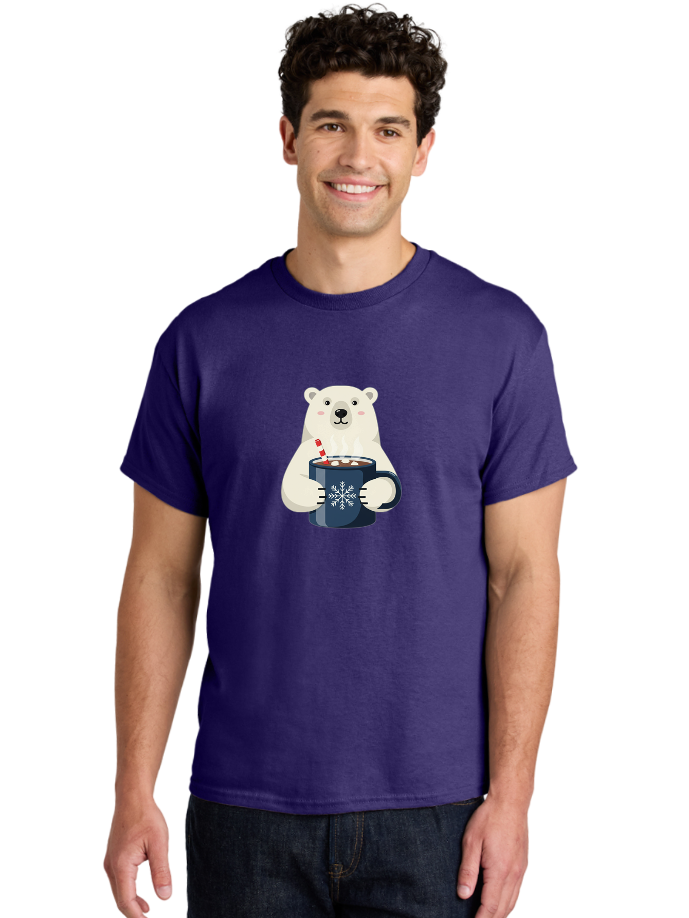 Polar-Bear-With-Hot-Chocolate Men'S Graphic Tee, 100% Cotton, Comfortable Casual Summer Wear, Machine Washable, Polar Bear, Hot Chocolate, Winter Wonderland, Snowflake Mug, Festive Drink, Adorable Bear, Candy Cane Straw, Marshmallow Topping, Bae675