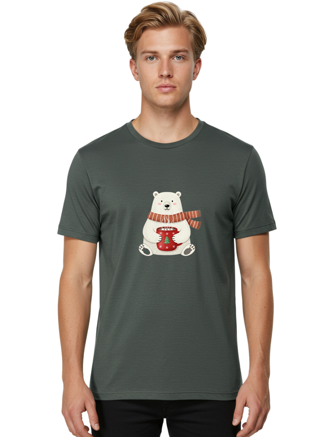 Polar-Bear-With-Mug Men'S Graphic Tee, 100% Cotton, Comfortable Casual Summer Wear, Machine Washable, Polar Bear, Winter Scene, Festive Scarf, Christmas Mug, Hot Chocolate, White Snowflakes, Red Mug, Green Christmas Tree, Cold Climate, Bae676