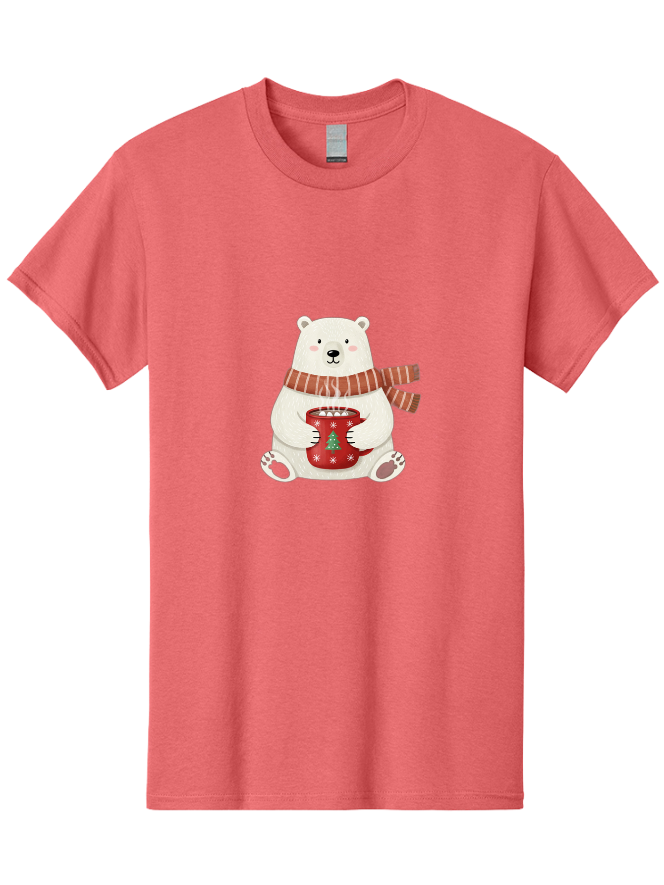 Polar-Bear-With-Mug Men'S Graphic Tee, 100% Cotton, Comfortable Casual Summer Wear, Machine Washable, Polar Bear, Winter Scene, Festive Scarf, Christmas Mug, Hot Chocolate, White Snowflakes, Red Mug, Green Christmas Tree, Cold Climate, Bae676