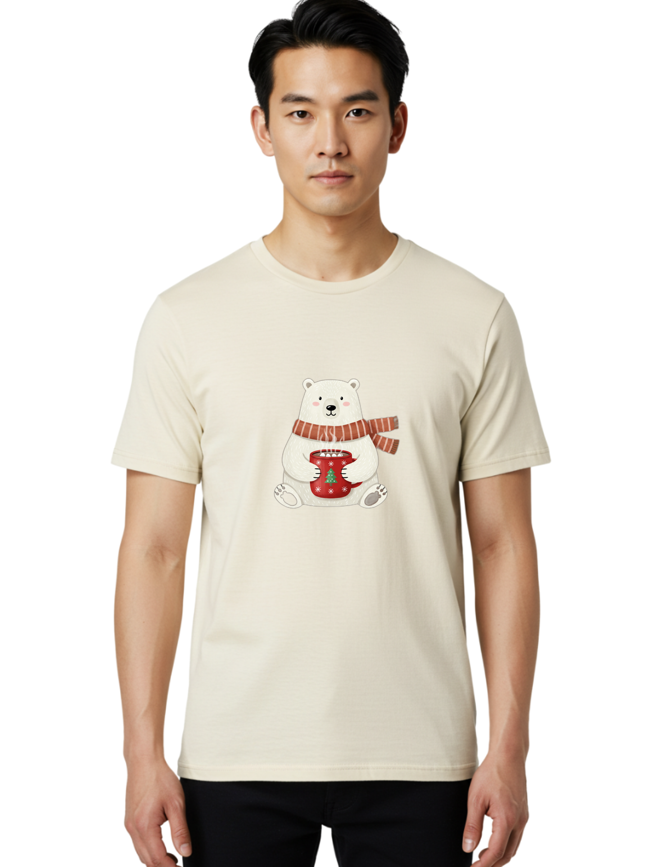 Polar-Bear-With-Mug Men'S Graphic Tee, 100% Cotton, Comfortable Casual Summer Wear, Machine Washable, Polar Bear, Winter Scene, Festive Scarf, Christmas Mug, Hot Chocolate, White Snowflakes, Red Mug, Green Christmas Tree, Cold Climate, Bae676