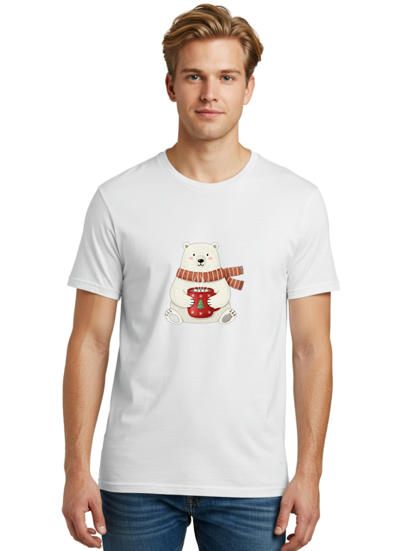 Polar-Bear-With-Mug Men'S Graphic Tee, 100% Cotton, Comfortable Casual Summer Wear, Machine Washable, Polar Bear, Winter Scene, Festive Scarf, Christmas Mug, Hot Chocolate, White Snowflakes, Red Mug, Green Christmas Tree, Cold Climate, Bae676