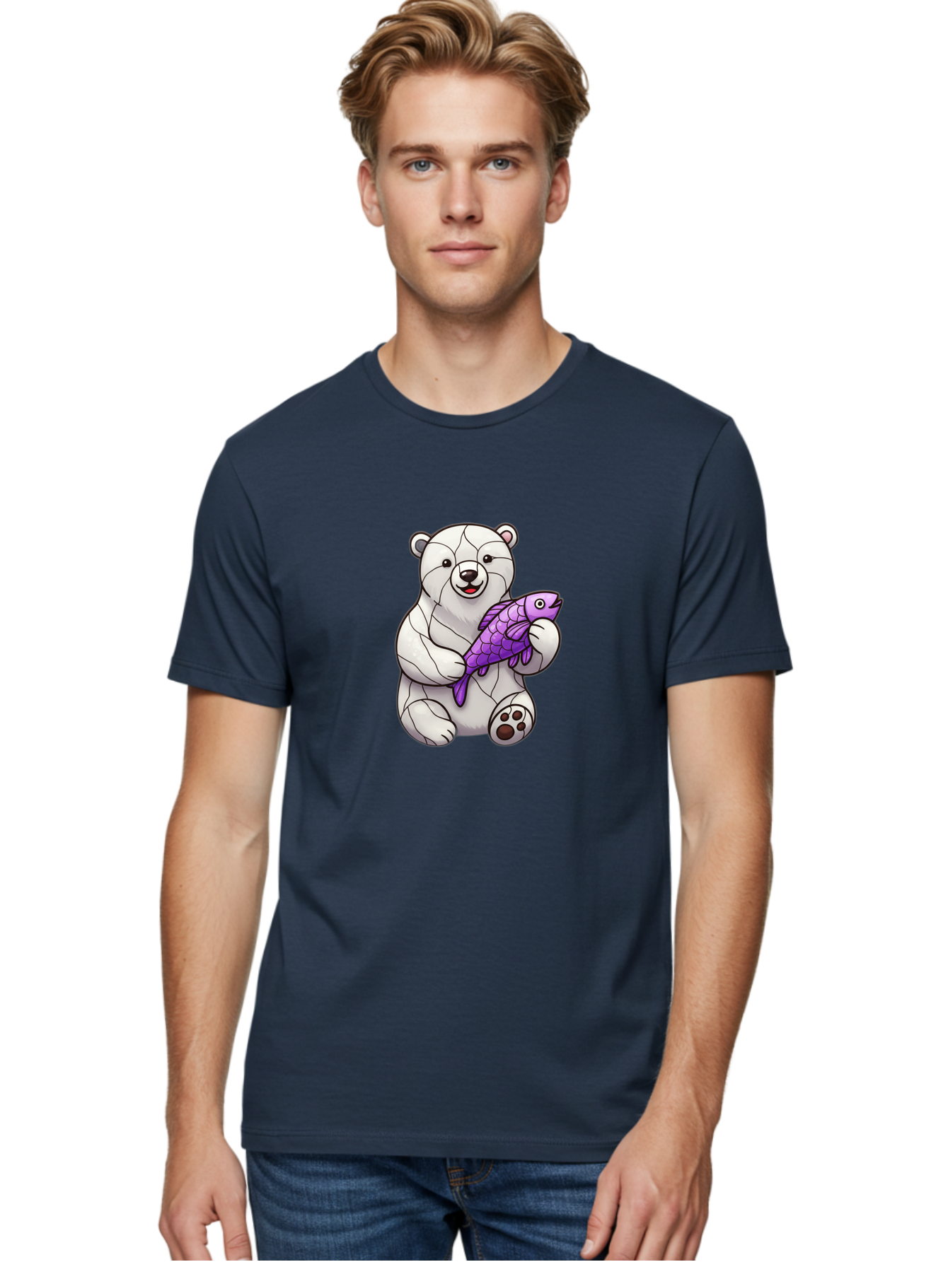 Polar-Bear-With-Purple-Fish-1 Men'S Graphic Tee, 100% Cotton, Comfortable Casual Summer Wear, Machine Washable, Cartoon Polar Bear, White Bear, Holding Purple Fish, Happy Animal, Playful Creature, Funny Illustration, Animal Graphics, Bae677