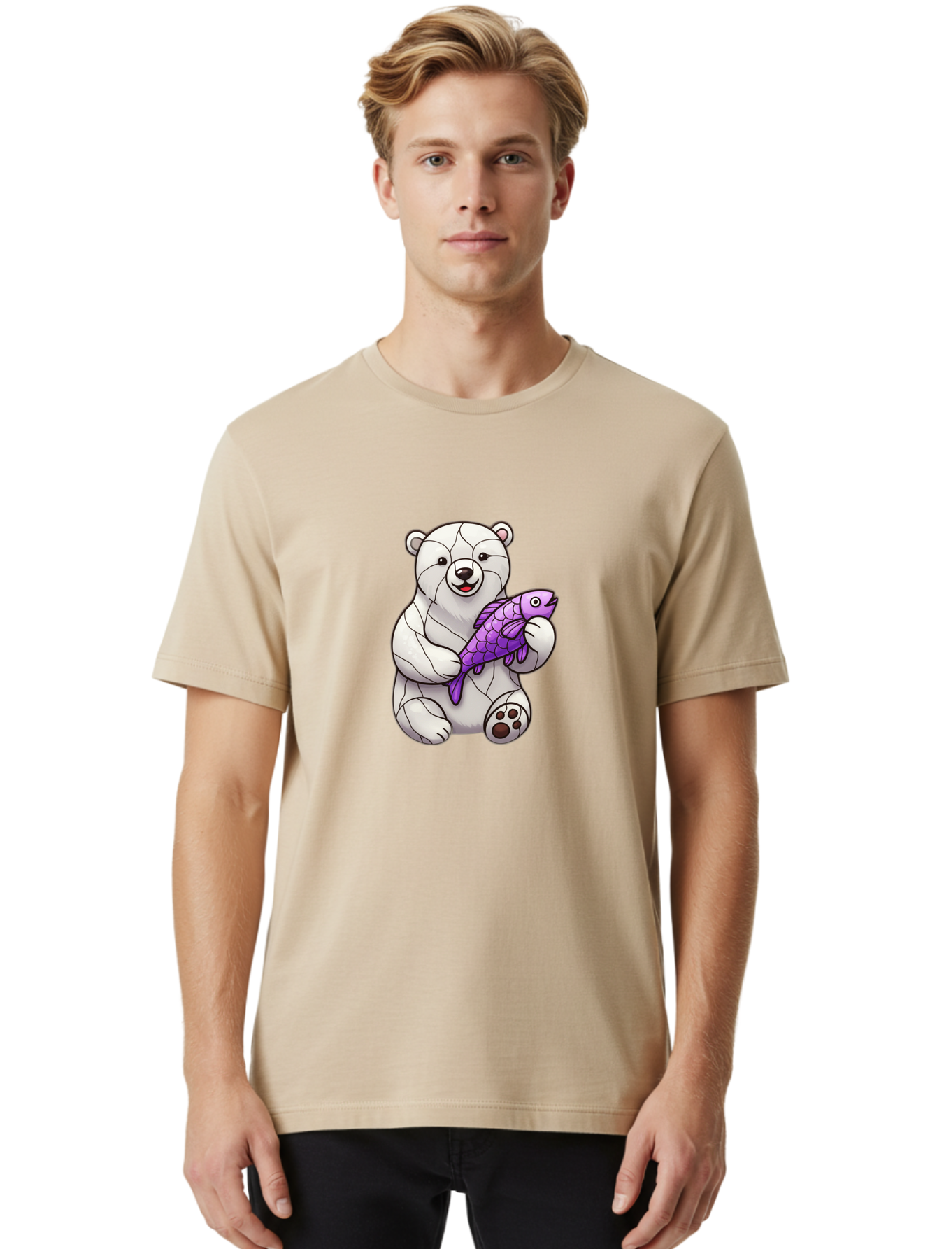 Polar-Bear-With-Purple-Fish-1 Men'S Graphic Tee, 100% Cotton, Comfortable Casual Summer Wear, Machine Washable, Cartoon Polar Bear, White Bear, Holding Purple Fish, Happy Animal, Playful Creature, Funny Illustration, Animal Graphics, Bae677