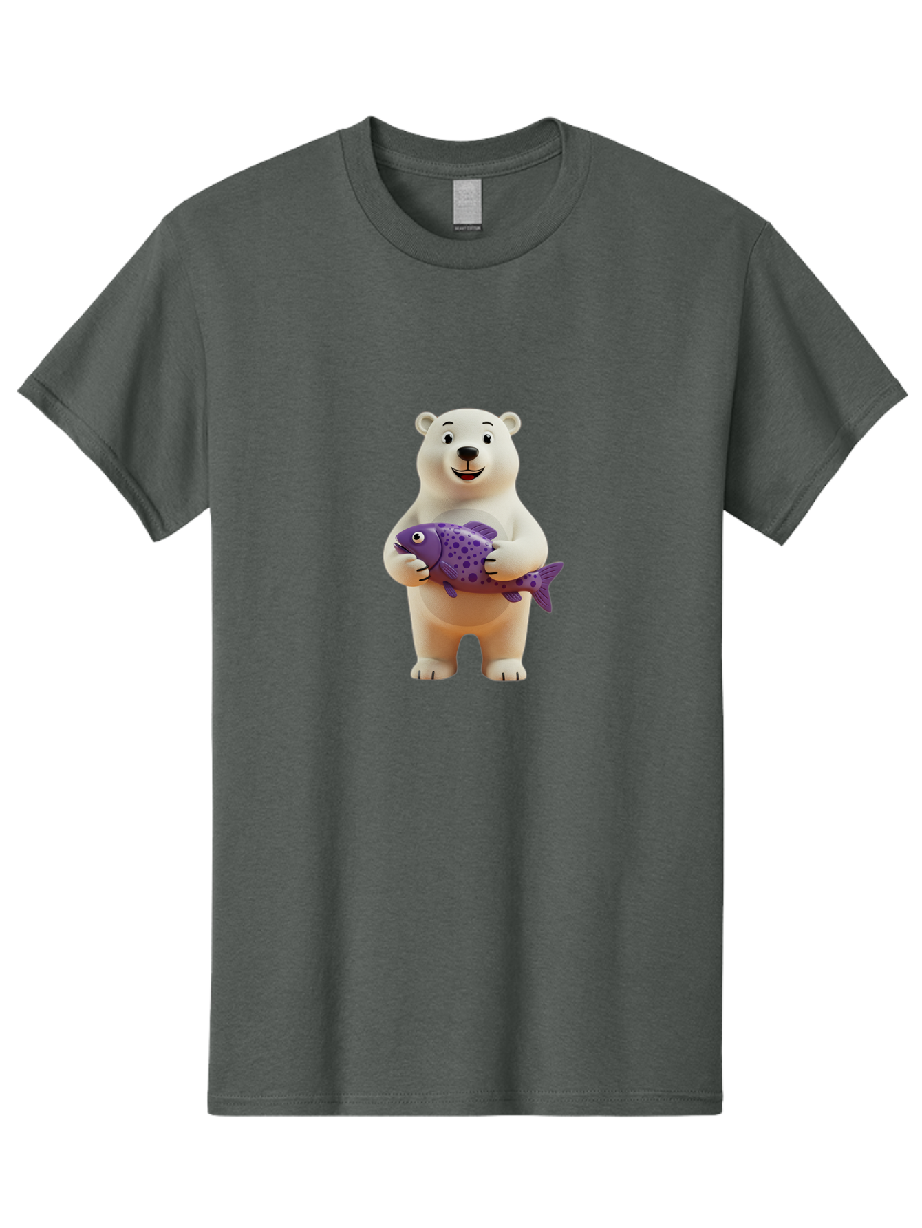Polar-Bear-With-Purple-Fish Men'S Graphic Tee, 100% Cotton, Comfortable Casual Summer Wear, Machine Washable, Cartoon Polar Bear Holding Fish, Cute Animal, Digital Illustration, Purple Fish With Spots, Smiling Bear, Friendly Character, Bae678