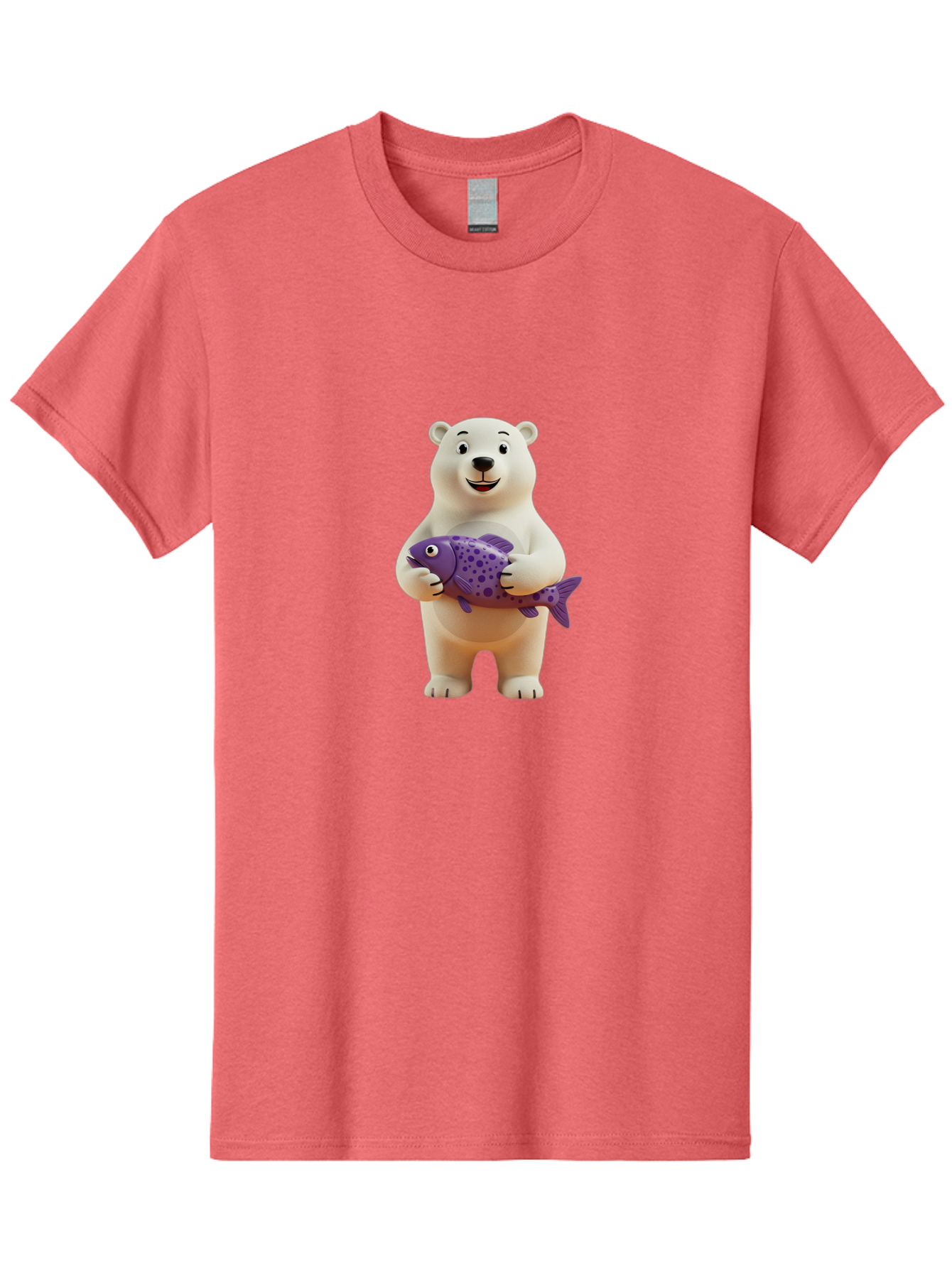 Polar-Bear-With-Purple-Fish Men'S Graphic Tee, 100% Cotton, Comfortable Casual Summer Wear, Machine Washable, Cartoon Polar Bear Holding Fish, Cute Animal, Digital Illustration, Purple Fish With Spots, Smiling Bear, Friendly Character, Bae678