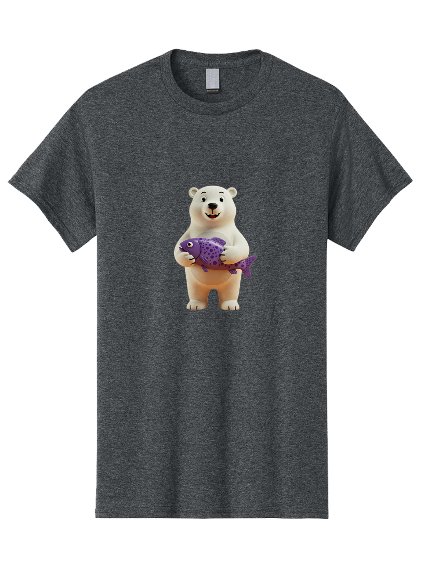 Polar-Bear-With-Purple-Fish Men'S Graphic Tee, 100% Cotton, Comfortable Casual Summer Wear, Machine Washable, Cartoon Polar Bear Holding Fish, Cute Animal, Digital Illustration, Purple Fish With Spots, Smiling Bear, Friendly Character, Bae678