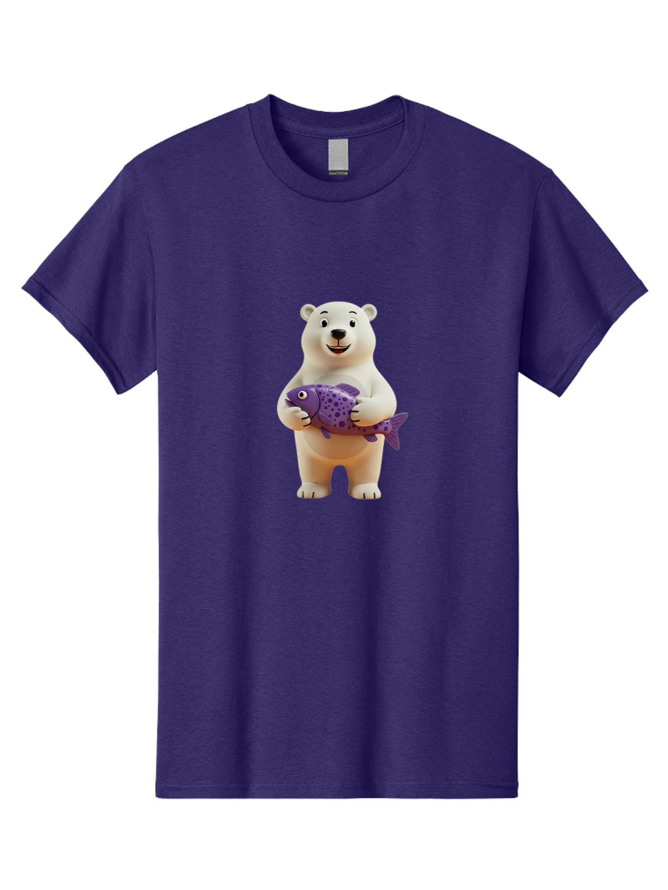Polar-Bear-With-Purple-Fish Men'S Graphic Tee, 100% Cotton, Comfortable Casual Summer Wear, Machine Washable, Cartoon Polar Bear Holding Fish, Cute Animal, Digital Illustration, Purple Fish With Spots, Smiling Bear, Friendly Character, Bae678