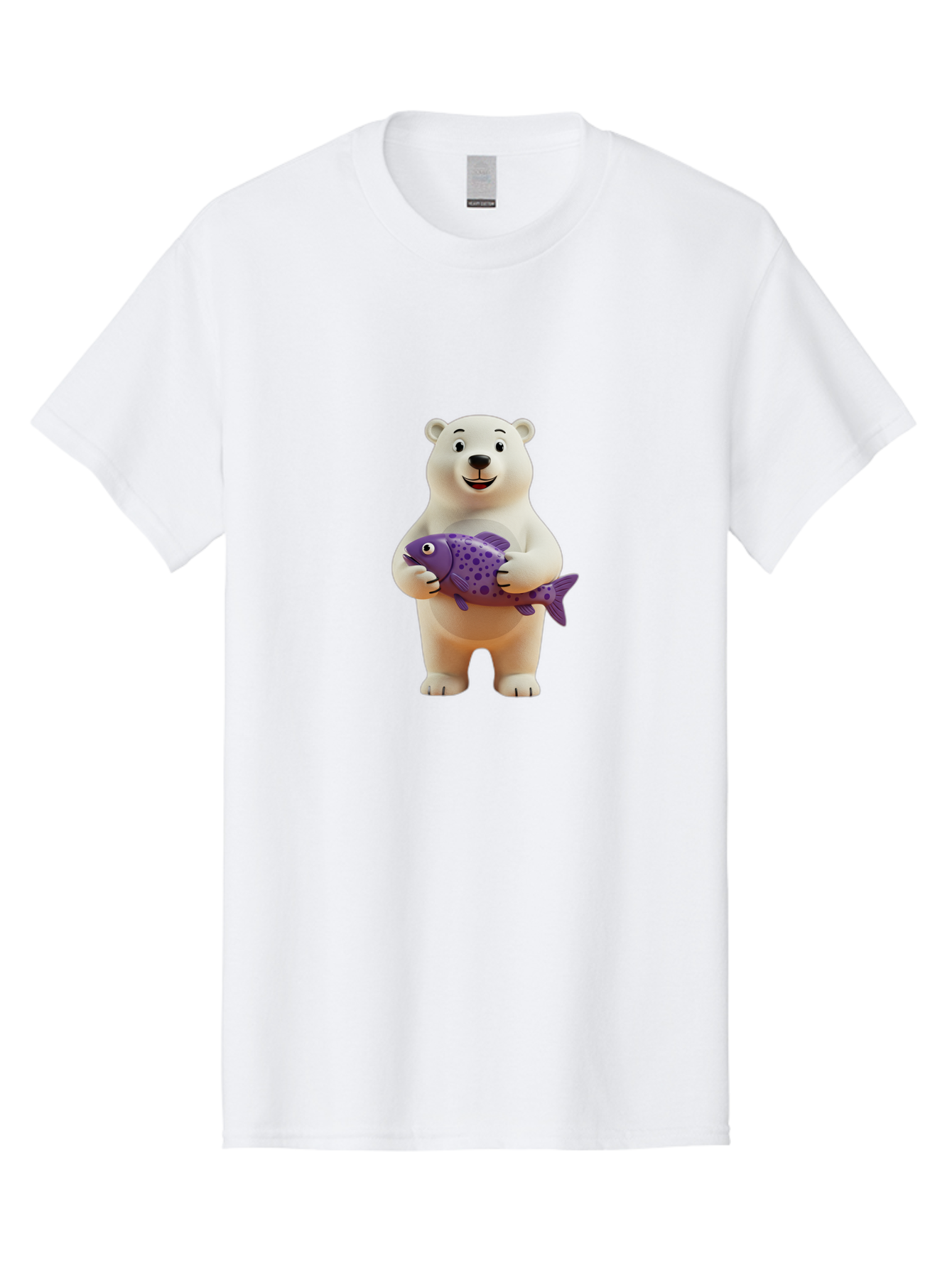 Polar-Bear-With-Purple-Fish Men'S Graphic Tee, 100% Cotton, Comfortable Casual Summer Wear, Machine Washable, Cartoon Polar Bear Holding Fish, Cute Animal, Digital Illustration, Purple Fish With Spots, Smiling Bear, Friendly Character, Bae678