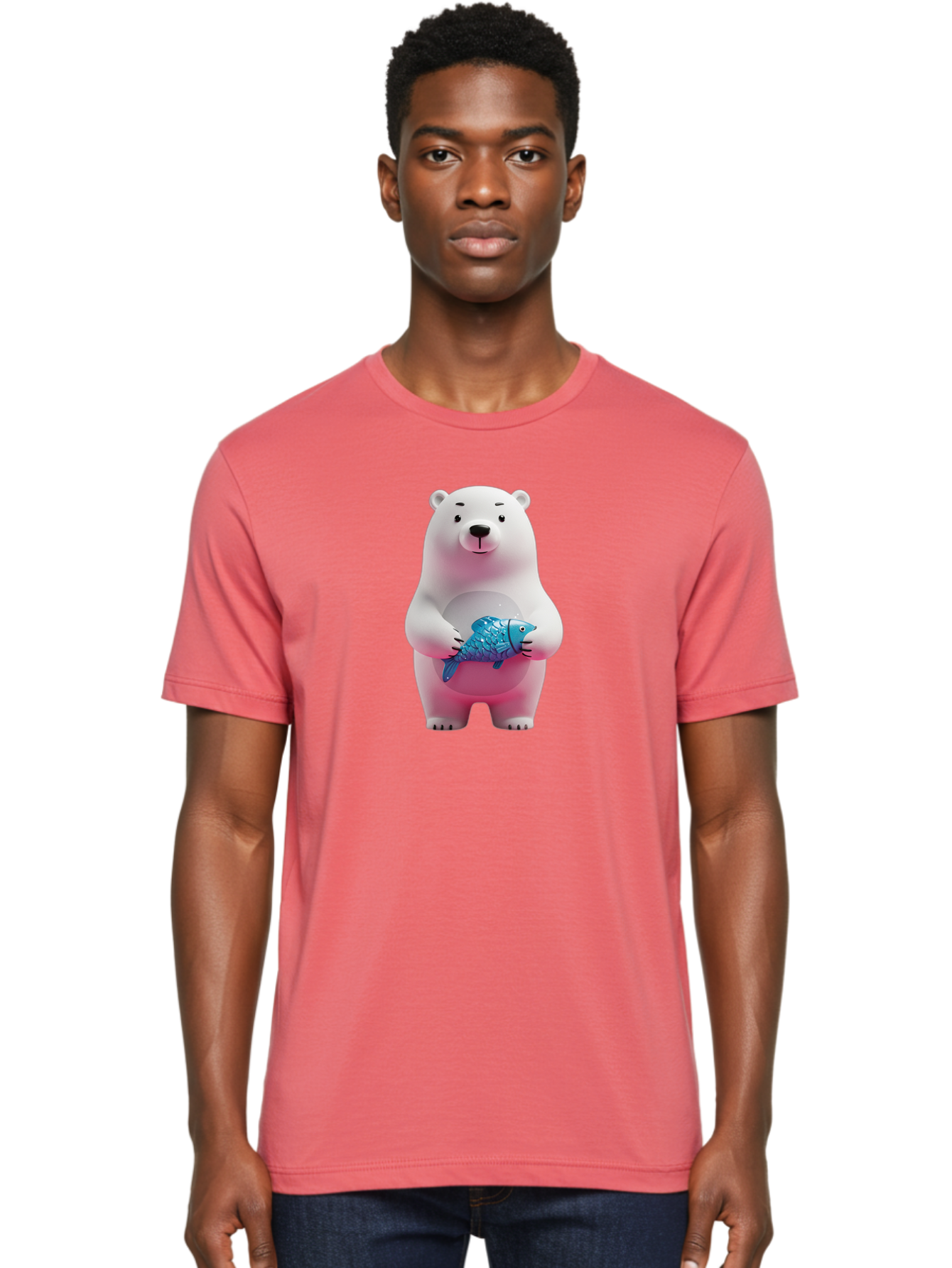 Polar-Bear Men'S Graphic Tee, 100% Cotton, Comfortable Casual Summer Wear, Machine Washable, White Polar Bear, Blue Fish, Cartoon Character, 3D Illustration, Playful Scene, Cute Bear, Underwater Friend, Sea Creature, Adorable, Childlike Charm, Bae679