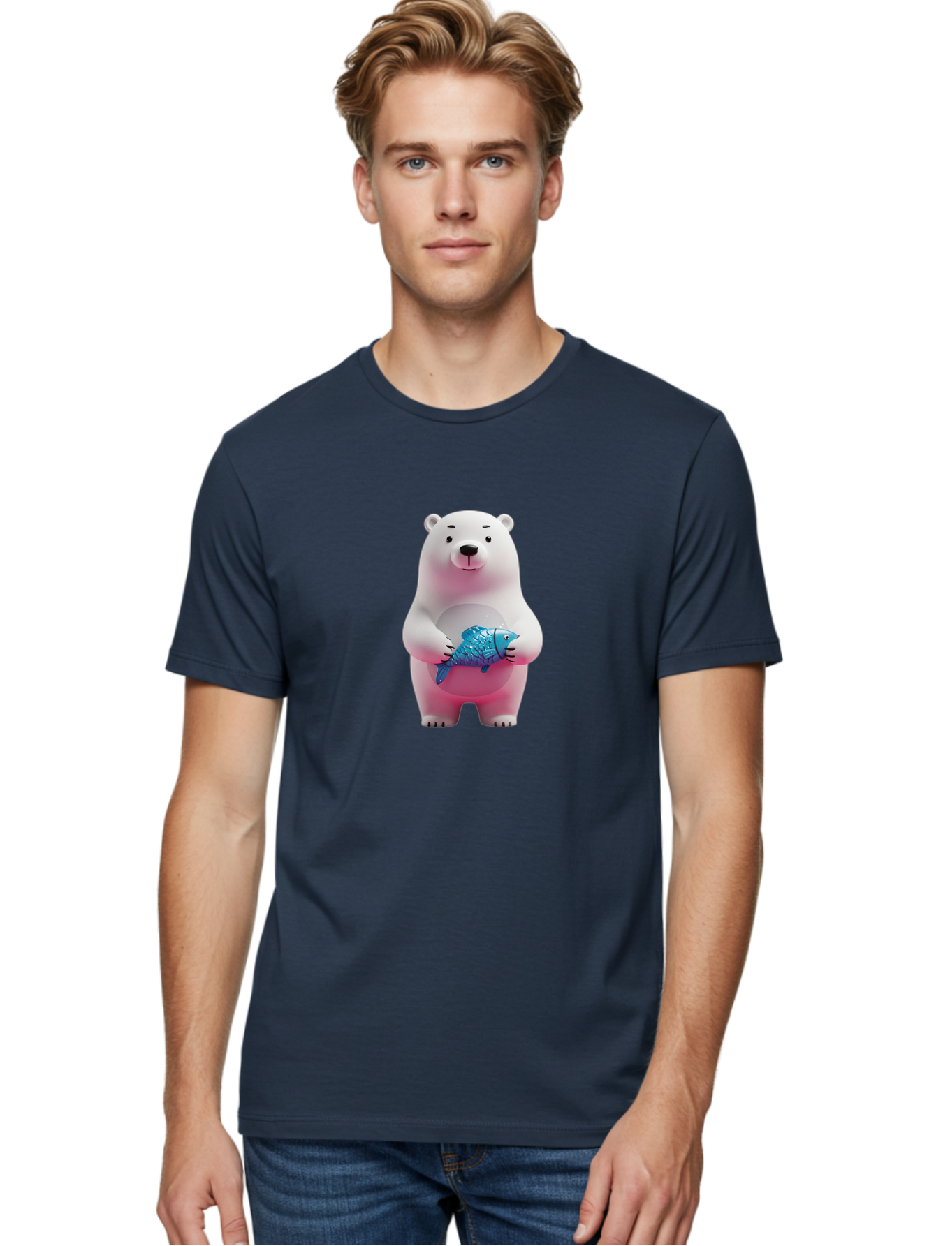 Polar-Bear Men'S Graphic Tee, 100% Cotton, Comfortable Casual Summer Wear, Machine Washable, White Polar Bear, Blue Fish, Cartoon Character, 3D Illustration, Playful Scene, Cute Bear, Underwater Friend, Sea Creature, Adorable, Childlike Charm, Bae679