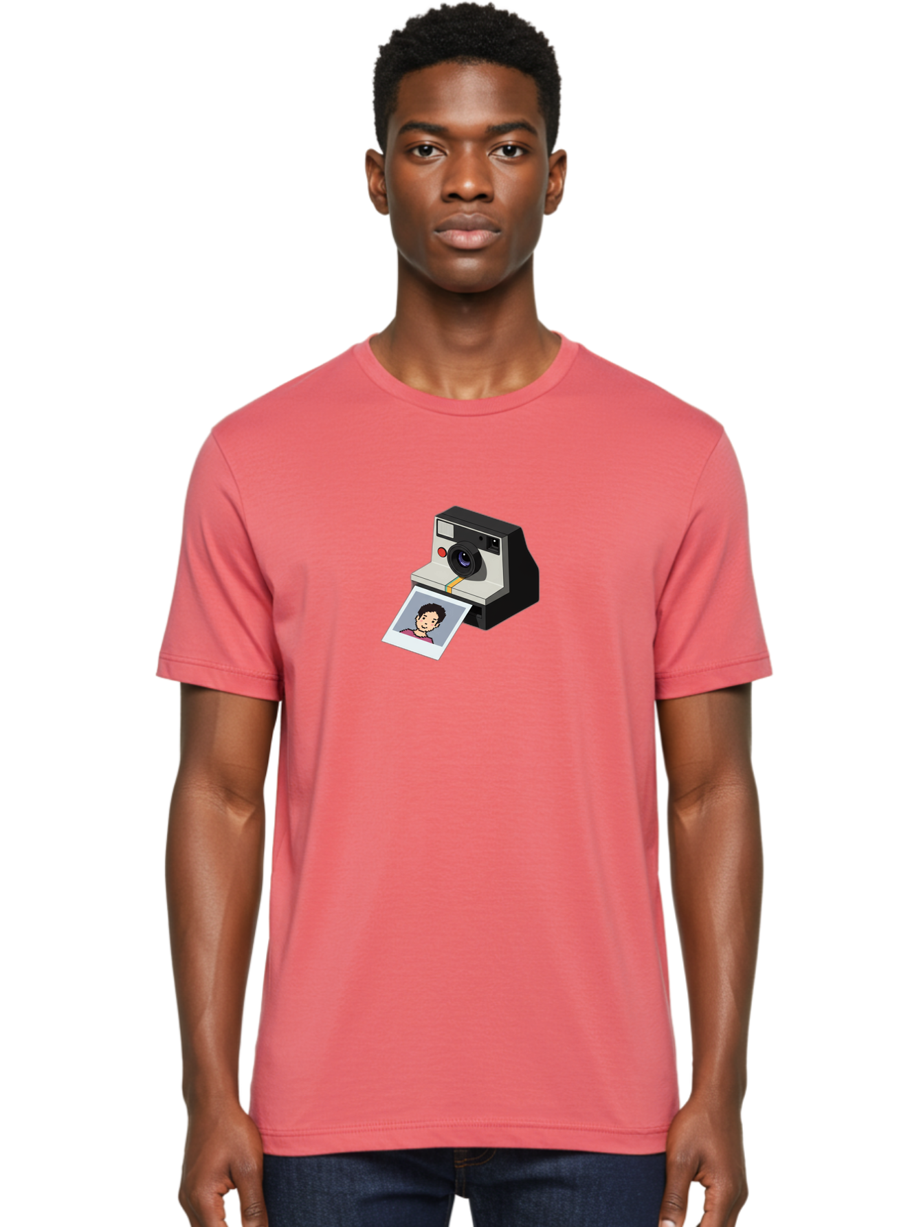 Polaroid-Camera-4 Men'S Graphic Tee, 100% Cotton, Comfortable Casual Summer Wear, Machine Washable, Polaroid Camera, Instant Photography, Retro Camera, Printed Photo, Smiling Man, Nostalgic Feel, Casual Portrait, Vintage Style Bae684
