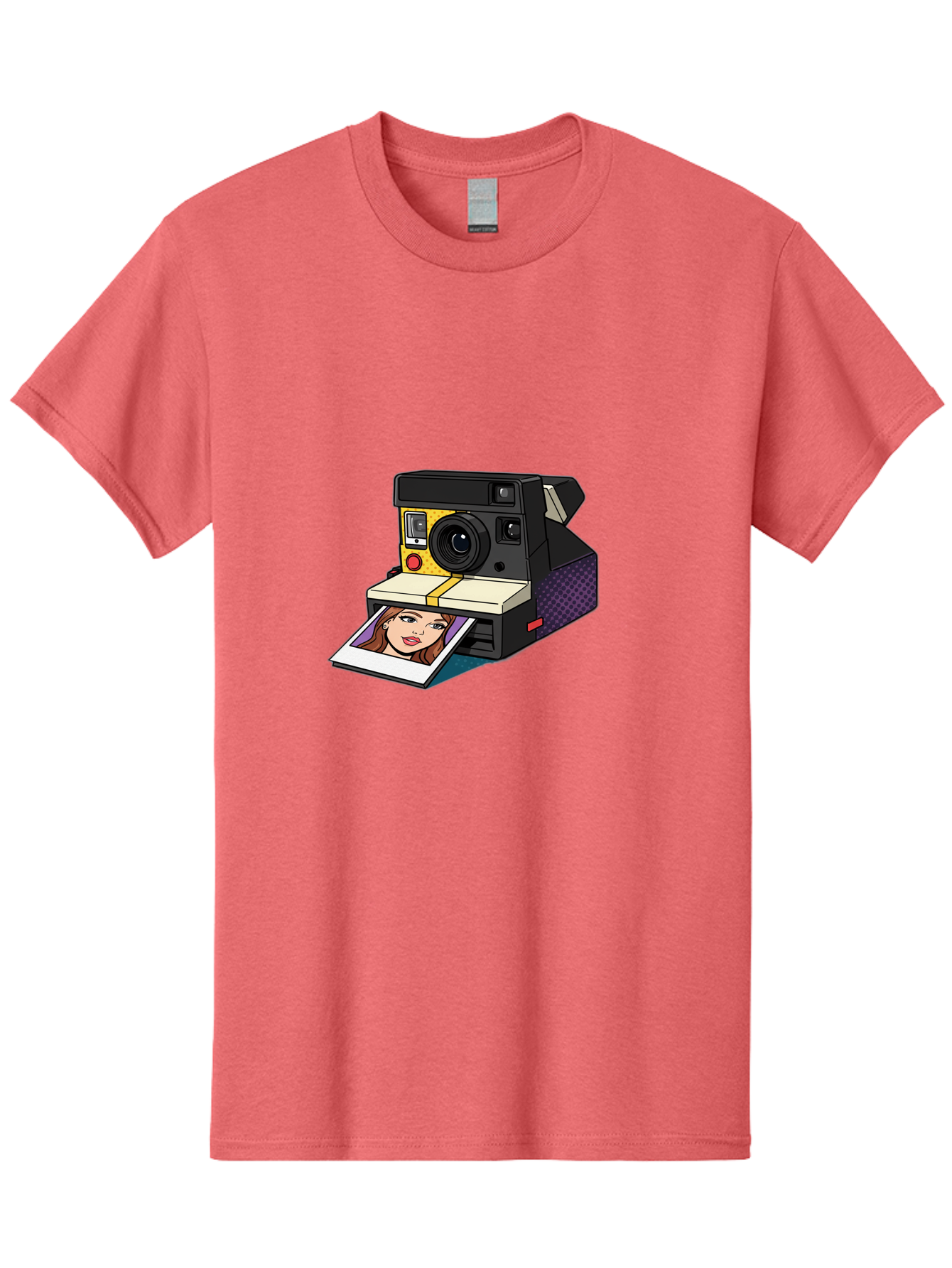 Polaroid-Camera-5 Men'S Graphic Tee, 100% Cotton, Comfortable Casual Summer Wear, Machine Washable, Instant Camera, Polaroid Photography, Retro Camera, Smiling Woman Portrait, Red Lips, Analog Photography, Instant Print Bae685