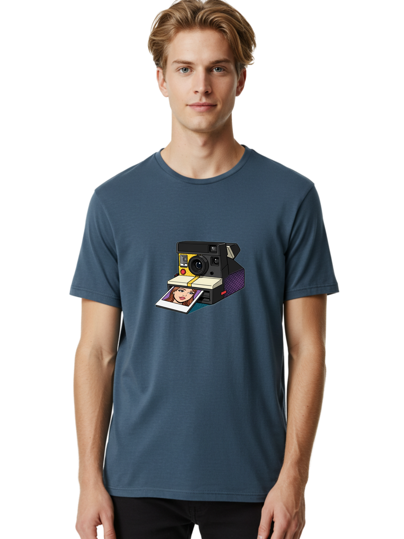 Polaroid-Camera-5 Men'S Graphic Tee, 100% Cotton, Comfortable Casual Summer Wear, Machine Washable, Instant Camera, Polaroid Photography, Retro Camera, Smiling Woman Portrait, Red Lips, Analog Photography, Instant Print Bae685