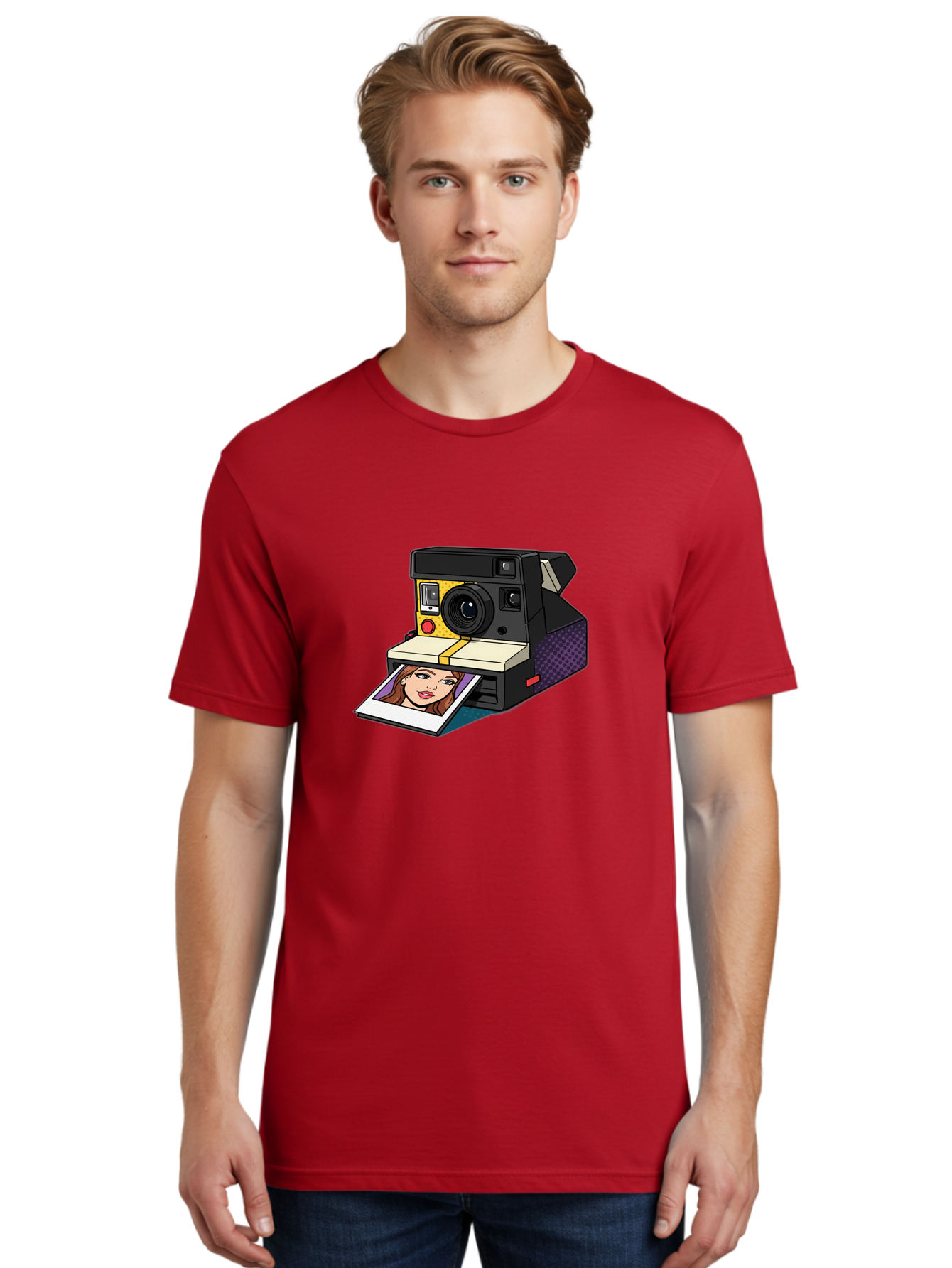 Polaroid-Camera-5 Men'S Graphic Tee, 100% Cotton, Comfortable Casual Summer Wear, Machine Washable, Instant Camera, Polaroid Photography, Retro Camera, Smiling Woman Portrait, Red Lips, Analog Photography, Instant Print Bae685