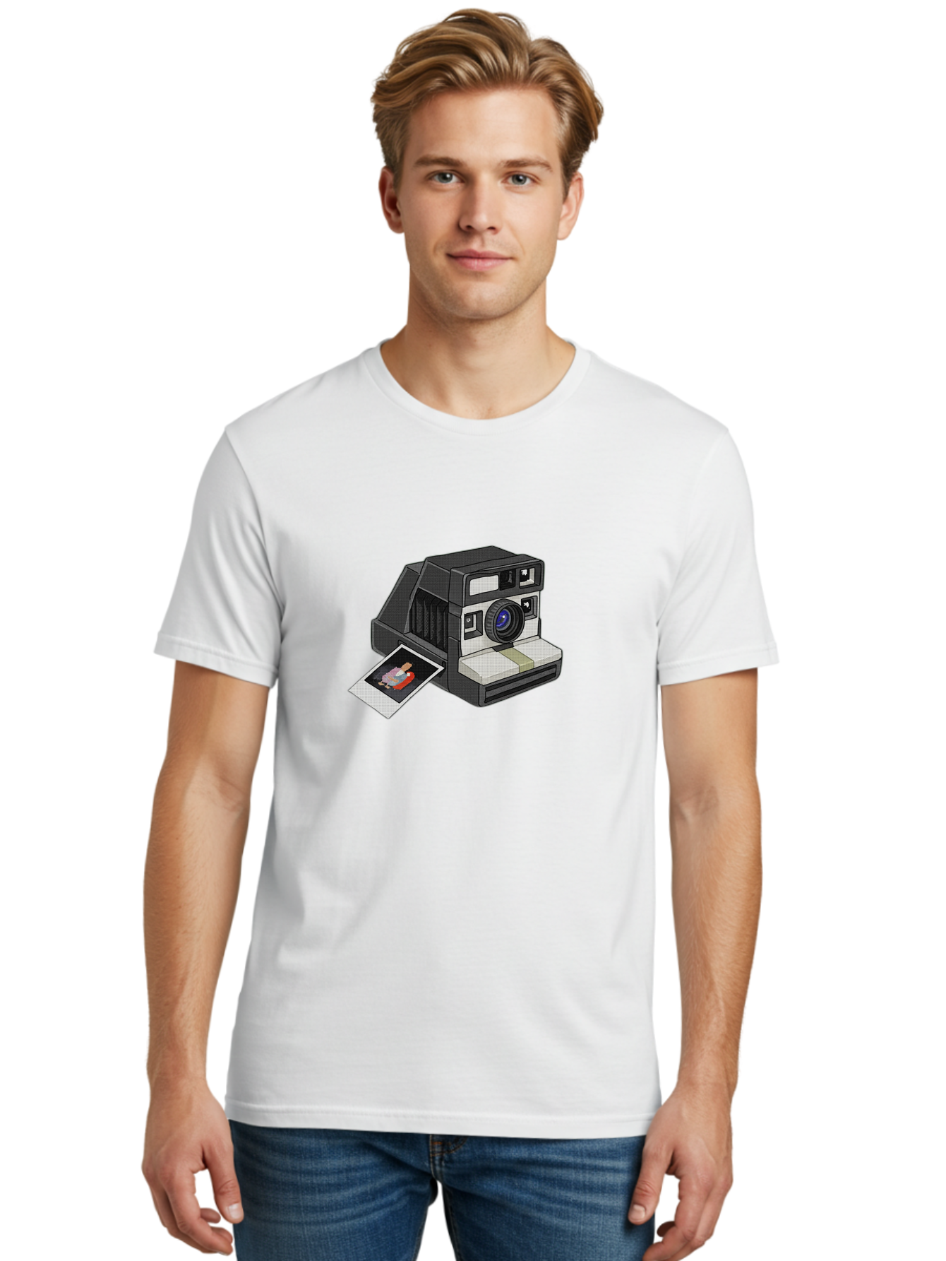 Polaroid-Camera-7 Men'S Graphic Tee, 100% Cotton, Comfortable Casual Summer Wear, Machine Washable, Polaroid Camera, Instant Photo, Nostalgic Technology, Retro Photography, Developed Picture, Square Format, Close-Up Shot, Digital Illustration Bae687