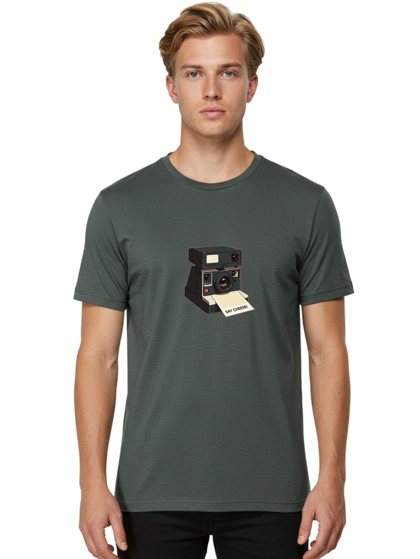 Polaroid-Camera Men'S Graphic Tee, 100% Cotton, Comfortable Casual Summer Wear, Machine Washable, Vintage Polaroid Camera, Instant Photography, Retro Style, Say Cheese Print, Nostalgic Feel, Photography Moment, Classic Design, Black Camera Bae690