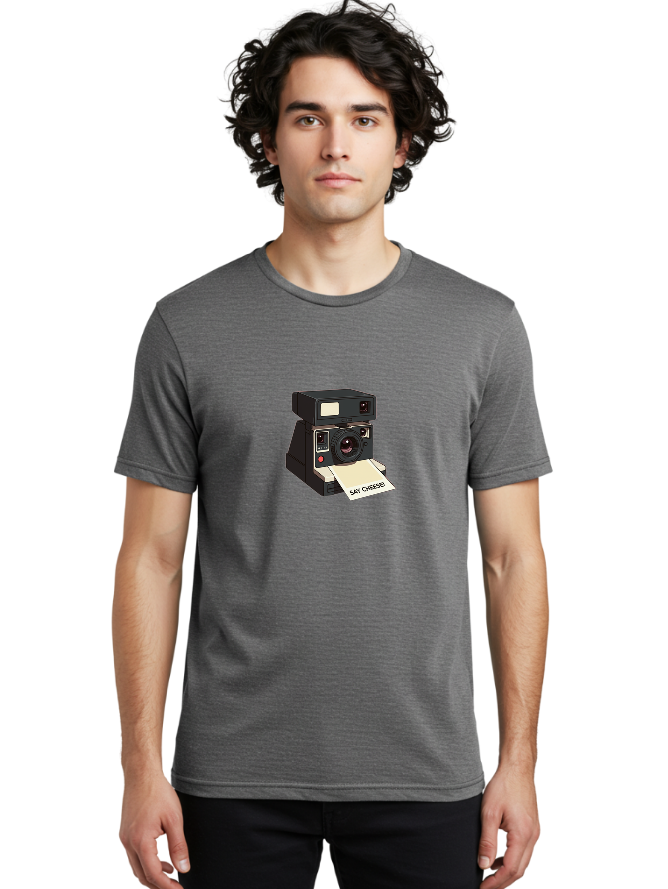 Polaroid-Camera Men'S Graphic Tee, 100% Cotton, Comfortable Casual Summer Wear, Machine Washable, Vintage Polaroid Camera, Instant Photography, Retro Style, Say Cheese Print, Nostalgic Feel, Photography Moment, Classic Design, Black Camera Bae690