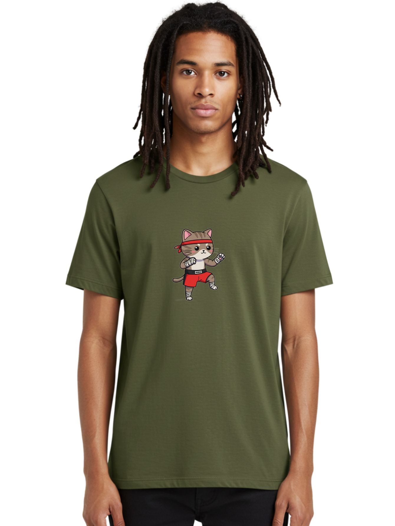 Punching-Cat Men'S Graphic Tee, 100% Cotton, Comfortable Casual Summer Wear, Machine Washable, Cartoon Cat, Martial Arts Pose, Red Headband, Red Shorts, White Bandages, Fighting Stance, Kitty Character, Cute Animal, Comic Style, Bae695