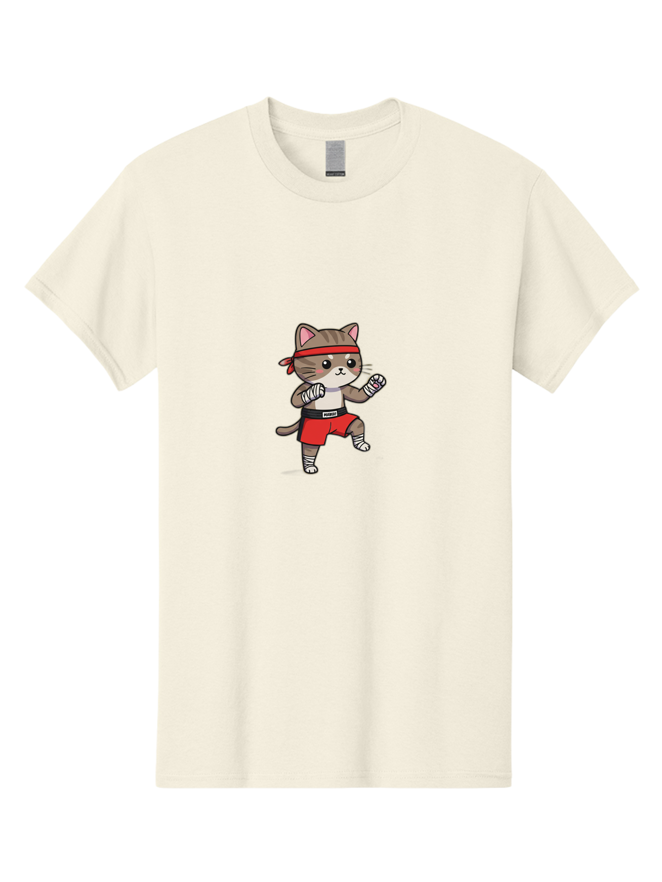 Punching-Cat Men'S Graphic Tee, 100% Cotton, Comfortable Casual Summer Wear, Machine Washable, Cartoon Cat, Martial Arts Pose, Red Headband, Red Shorts, White Bandages, Fighting Stance, Kitty Character, Cute Animal, Comic Style, Bae695