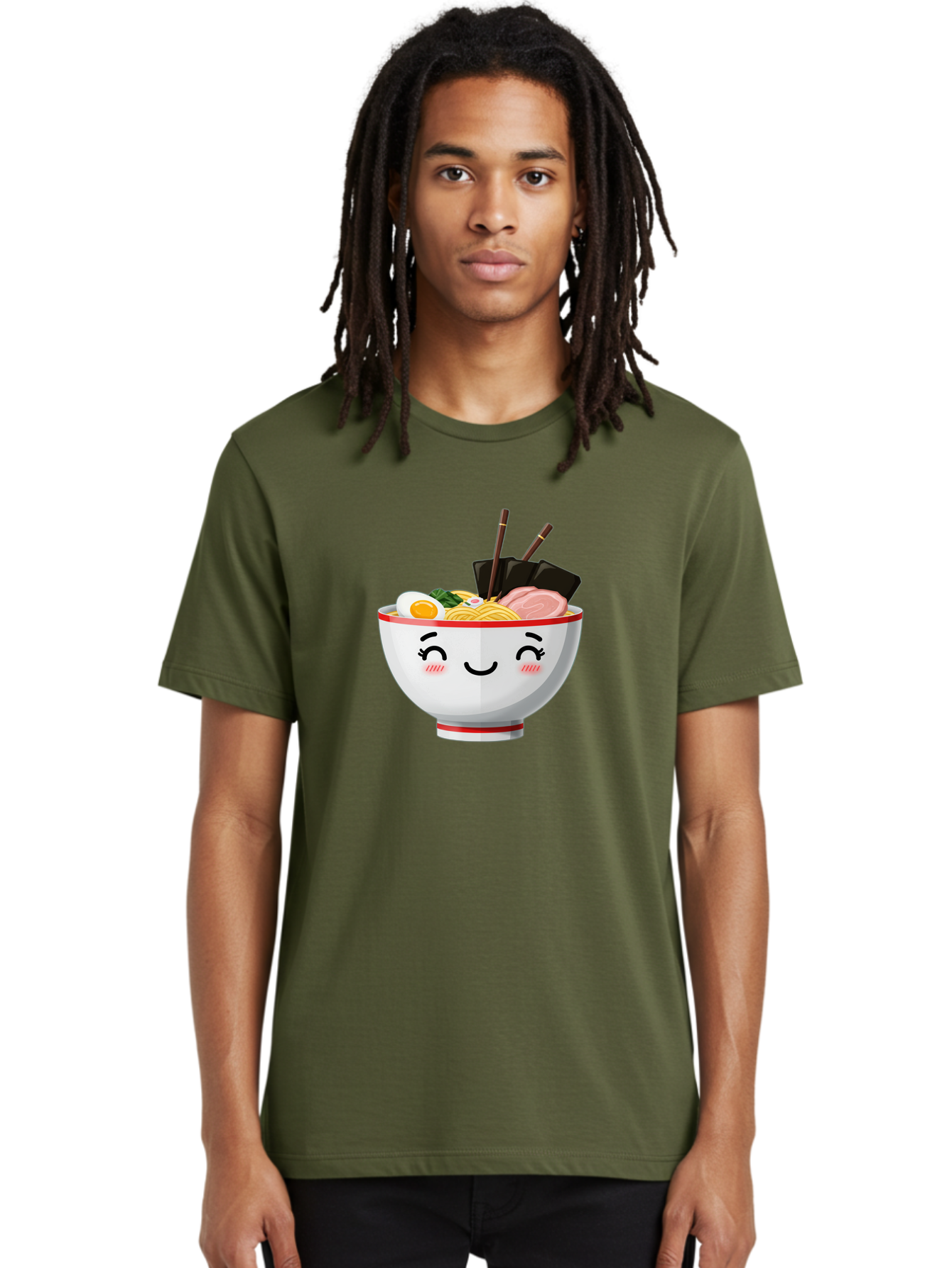 Ramen-1 Men'S Graphic Tee, 100% Cotton, Comfortable Casual Summer Wear, Machine Washable, Steaming Bowl Of Ramen, Savory Noodles, Boiled Egg, Sliced Pork, Seaweed, Chopsticks, Cute Cartoon Character, Japanese Cuisine, Food Illustration, Bae698