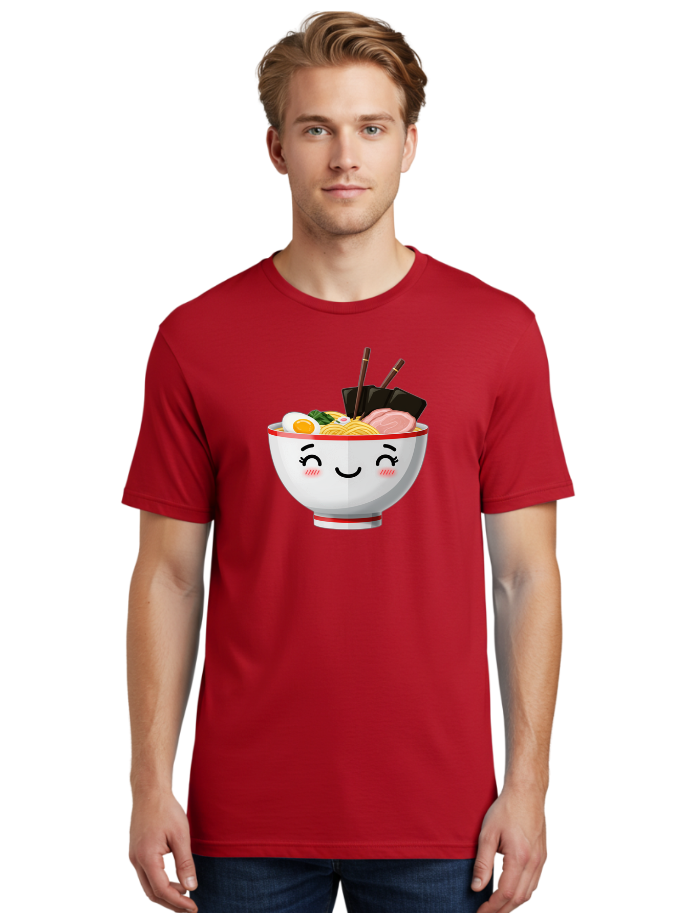 Ramen-1 Men'S Graphic Tee, 100% Cotton, Comfortable Casual Summer Wear, Machine Washable, Steaming Bowl Of Ramen, Savory Noodles, Boiled Egg, Sliced Pork, Seaweed, Chopsticks, Cute Cartoon Character, Japanese Cuisine, Food Illustration, Bae698