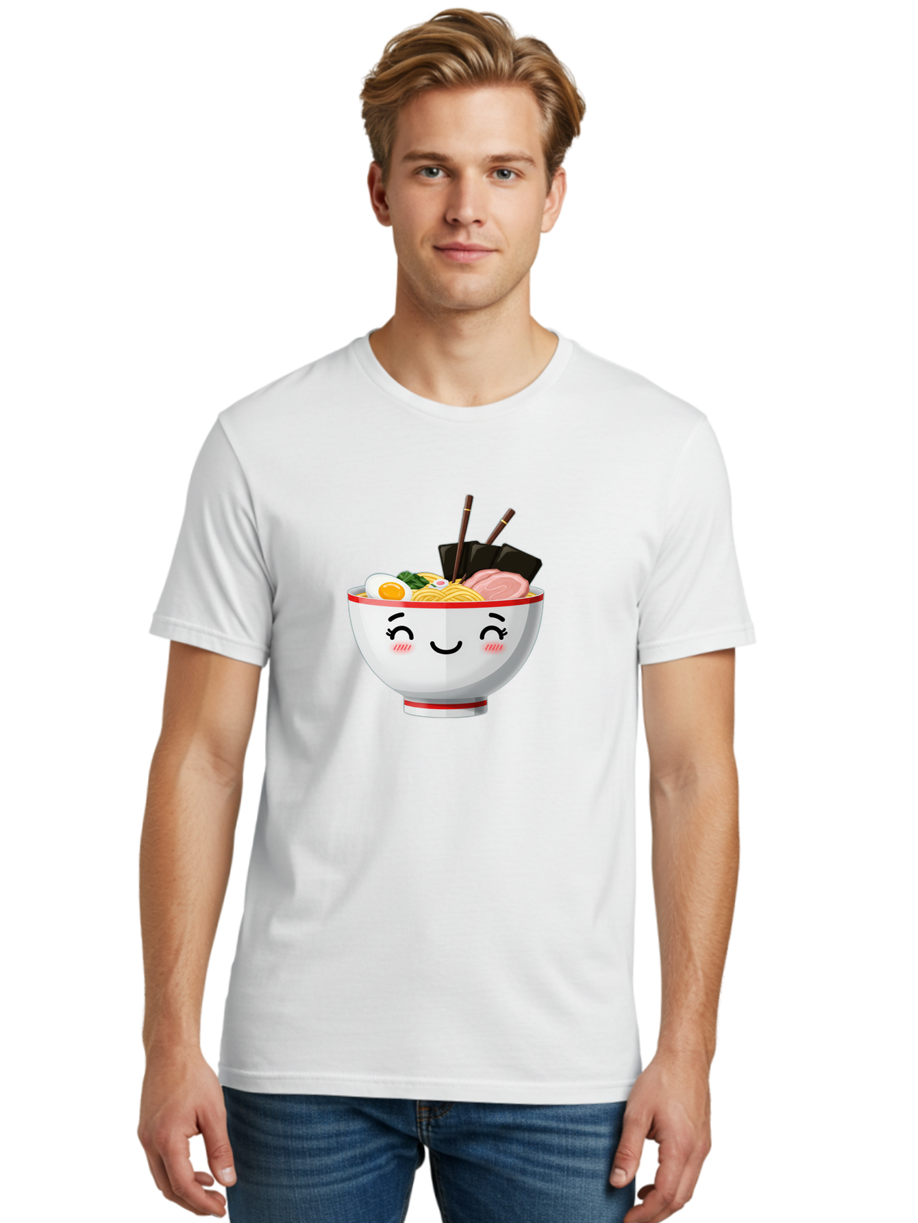 Ramen-1 Men'S Graphic Tee, 100% Cotton, Comfortable Casual Summer Wear, Machine Washable, Steaming Bowl Of Ramen, Savory Noodles, Boiled Egg, Sliced Pork, Seaweed, Chopsticks, Cute Cartoon Character, Japanese Cuisine, Food Illustration, Bae698