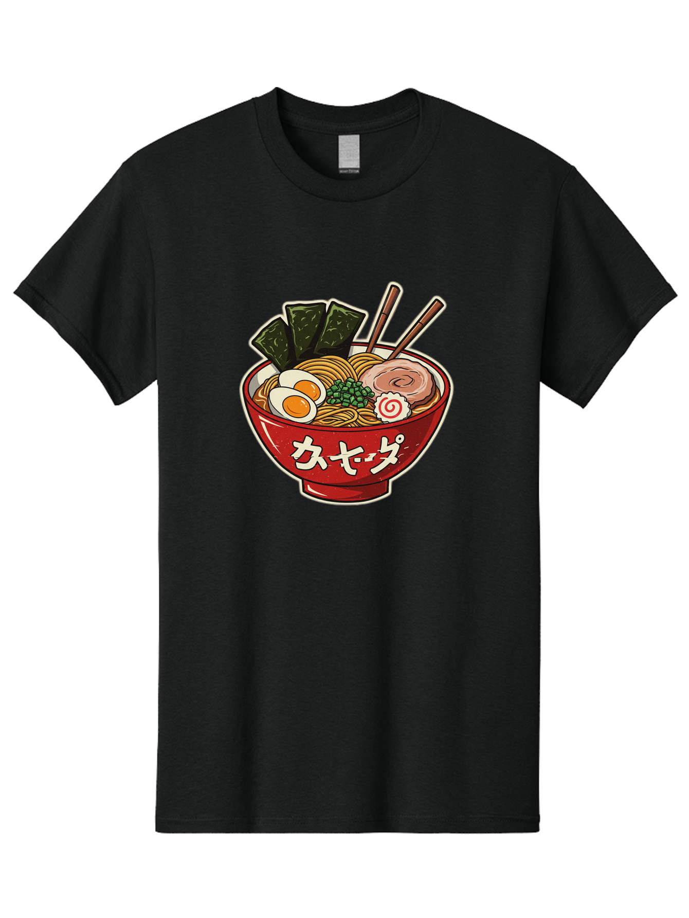 Ramen-4 Men'S Graphic Tee, 100% Cotton, Comfortable Casual Summer Wear, Machine Washable, Japanese Ramen, Noodle Soup, Boiled Egg, Green Peas, Seaweed, Sliced Pork, Chopsticks, Japanese Cuisine, Red Bowl, Katakana Script Bae701