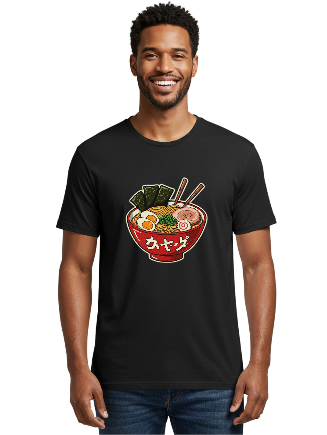 Ramen-4 Men'S Graphic Tee, 100% Cotton, Comfortable Casual Summer Wear, Machine Washable, Japanese Ramen, Noodle Soup, Boiled Egg, Green Peas, Seaweed, Sliced Pork, Chopsticks, Japanese Cuisine, Red Bowl, Katakana Script Bae701