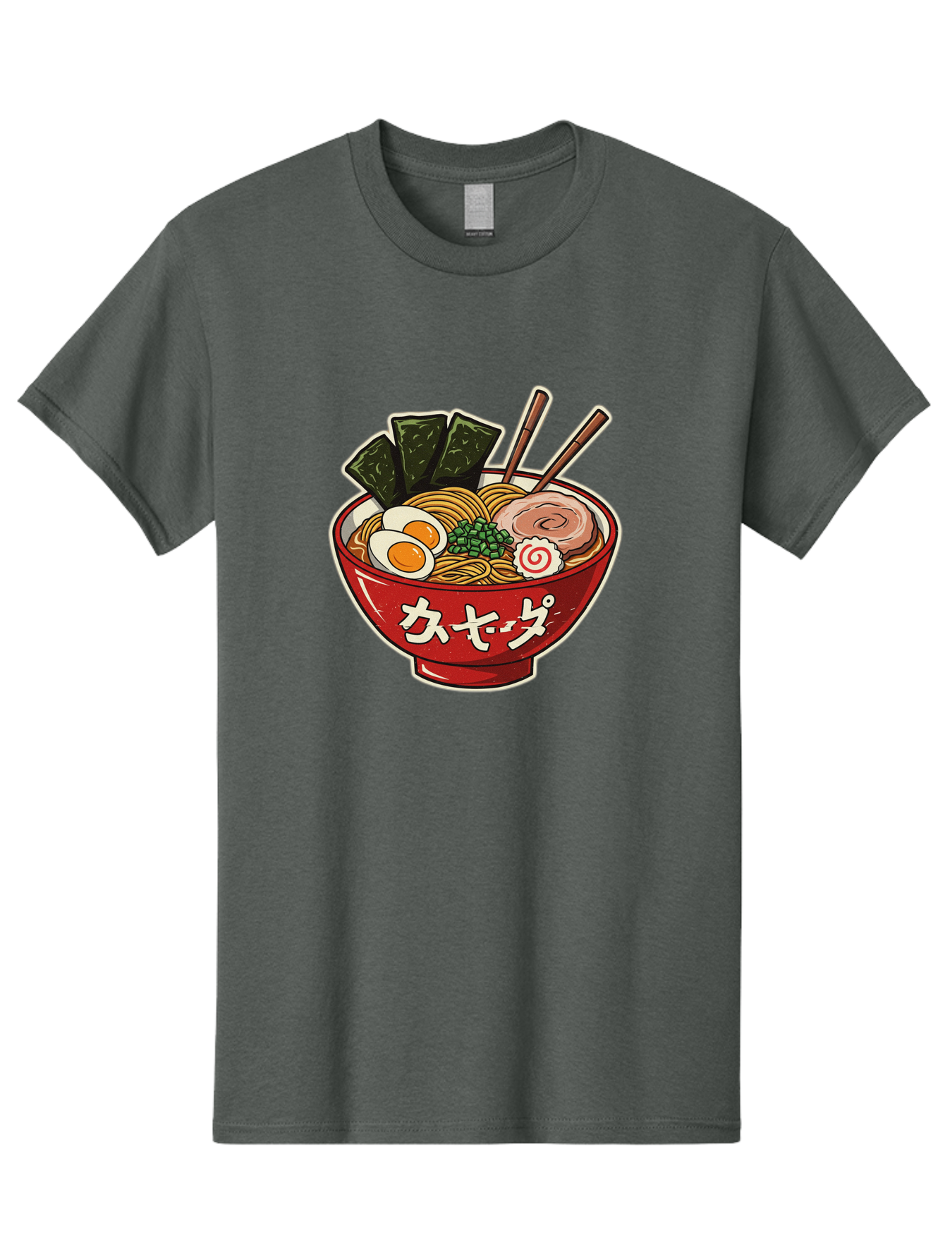Ramen-4 Men'S Graphic Tee, 100% Cotton, Comfortable Casual Summer Wear, Machine Washable, Japanese Ramen, Noodle Soup, Boiled Egg, Green Peas, Seaweed, Sliced Pork, Chopsticks, Japanese Cuisine, Red Bowl, Katakana Script Bae701