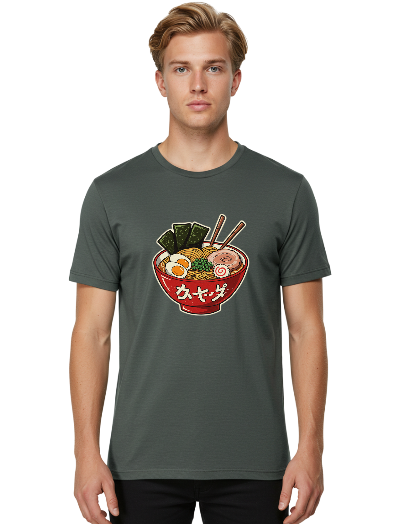 Ramen-4 Men'S Graphic Tee, 100% Cotton, Comfortable Casual Summer Wear, Machine Washable, Japanese Ramen, Noodle Soup, Boiled Egg, Green Peas, Seaweed, Sliced Pork, Chopsticks, Japanese Cuisine, Red Bowl, Katakana Script Bae701