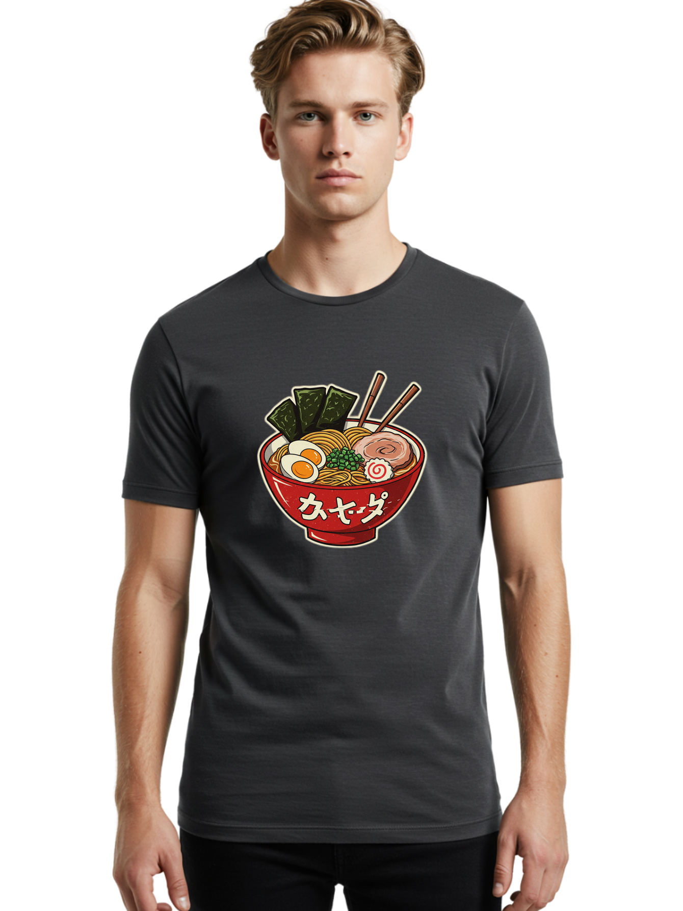 Ramen-4 Men'S Graphic Tee, 100% Cotton, Comfortable Casual Summer Wear, Machine Washable, Japanese Ramen, Noodle Soup, Boiled Egg, Green Peas, Seaweed, Sliced Pork, Chopsticks, Japanese Cuisine, Red Bowl, Katakana Script Bae701