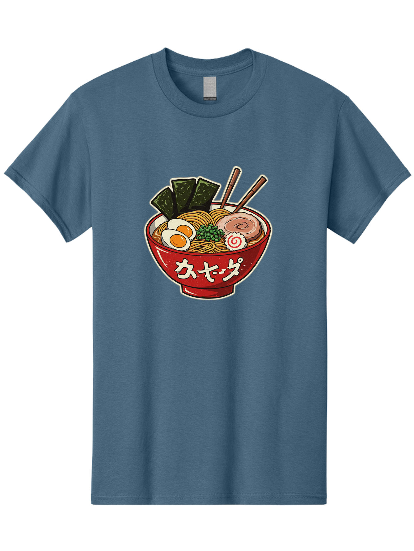 Ramen-4 Men'S Graphic Tee, 100% Cotton, Comfortable Casual Summer Wear, Machine Washable, Japanese Ramen, Noodle Soup, Boiled Egg, Green Peas, Seaweed, Sliced Pork, Chopsticks, Japanese Cuisine, Red Bowl, Katakana Script Bae701