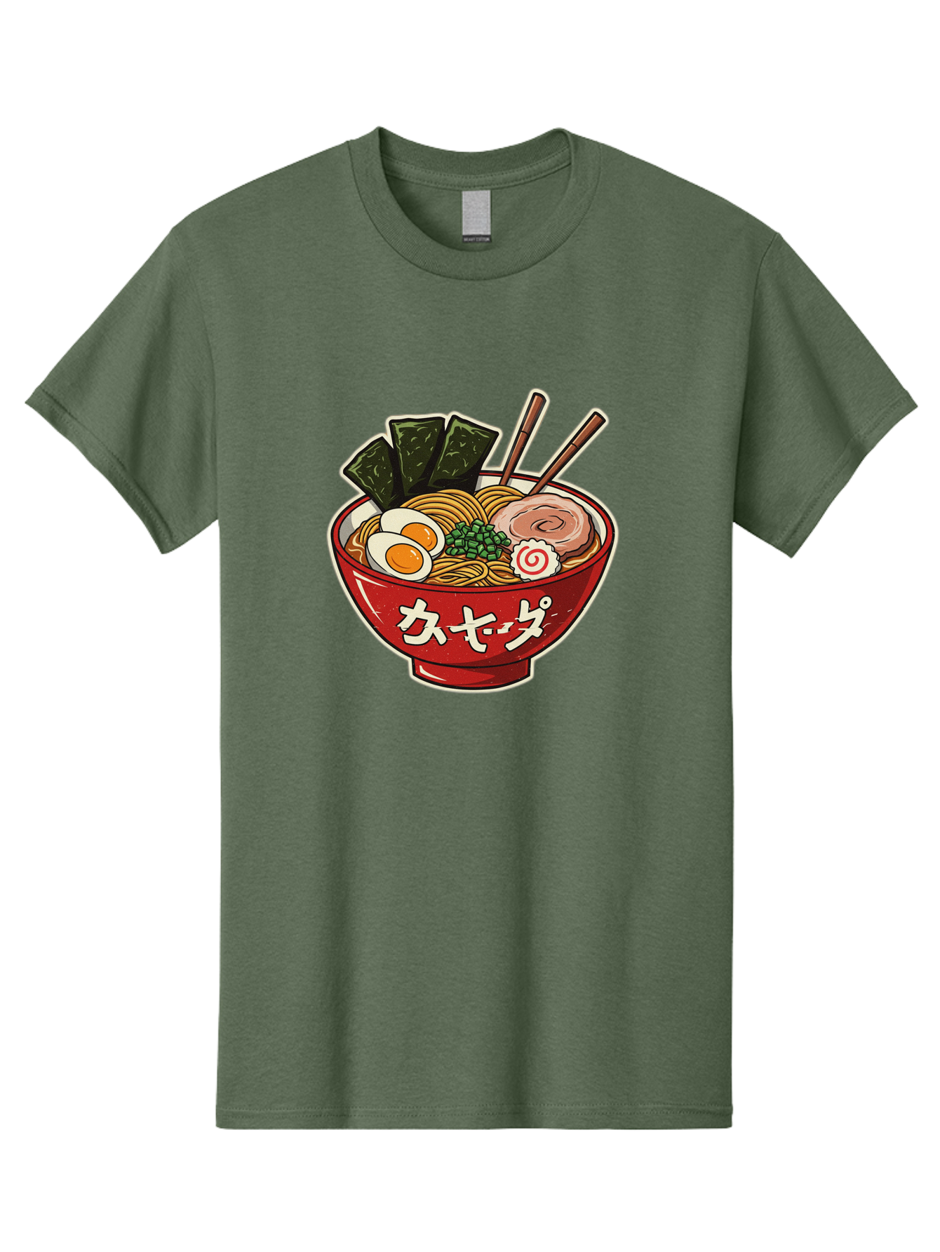 Ramen-4 Men'S Graphic Tee, 100% Cotton, Comfortable Casual Summer Wear, Machine Washable, Japanese Ramen, Noodle Soup, Boiled Egg, Green Peas, Seaweed, Sliced Pork, Chopsticks, Japanese Cuisine, Red Bowl, Katakana Script Bae701