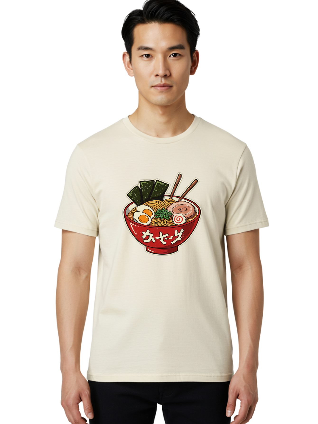 Ramen-4 Men'S Graphic Tee, 100% Cotton, Comfortable Casual Summer Wear, Machine Washable, Japanese Ramen, Noodle Soup, Boiled Egg, Green Peas, Seaweed, Sliced Pork, Chopsticks, Japanese Cuisine, Red Bowl, Katakana Script Bae701