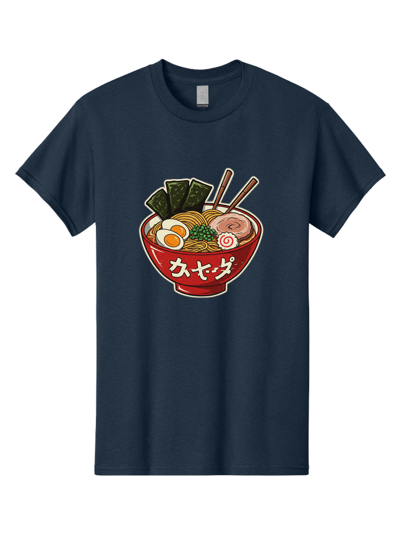 Ramen-4 Men'S Graphic Tee, 100% Cotton, Comfortable Casual Summer Wear, Machine Washable, Japanese Ramen, Noodle Soup, Boiled Egg, Green Peas, Seaweed, Sliced Pork, Chopsticks, Japanese Cuisine, Red Bowl, Katakana Script Bae701