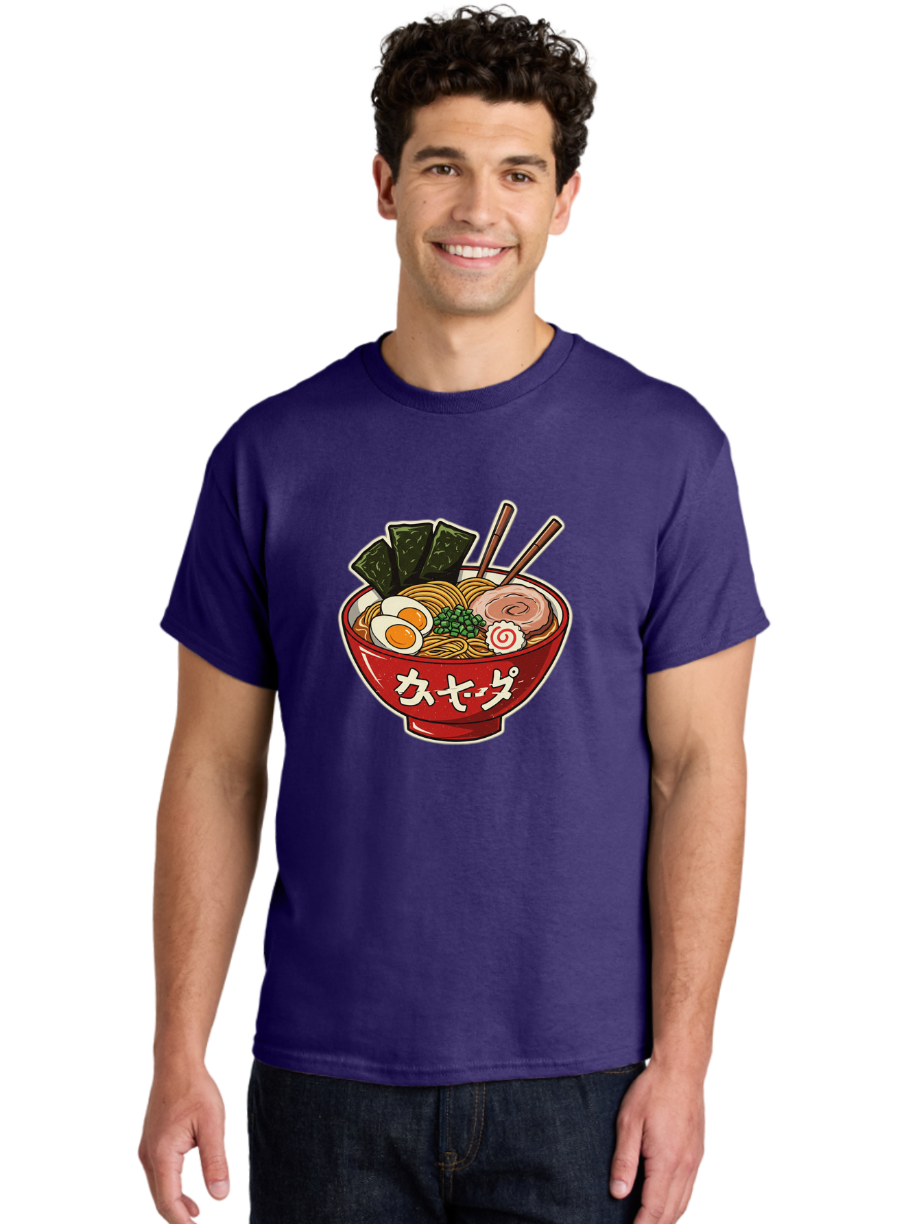 Ramen-4 Men'S Graphic Tee, 100% Cotton, Comfortable Casual Summer Wear, Machine Washable, Japanese Ramen, Noodle Soup, Boiled Egg, Green Peas, Seaweed, Sliced Pork, Chopsticks, Japanese Cuisine, Red Bowl, Katakana Script Bae701
