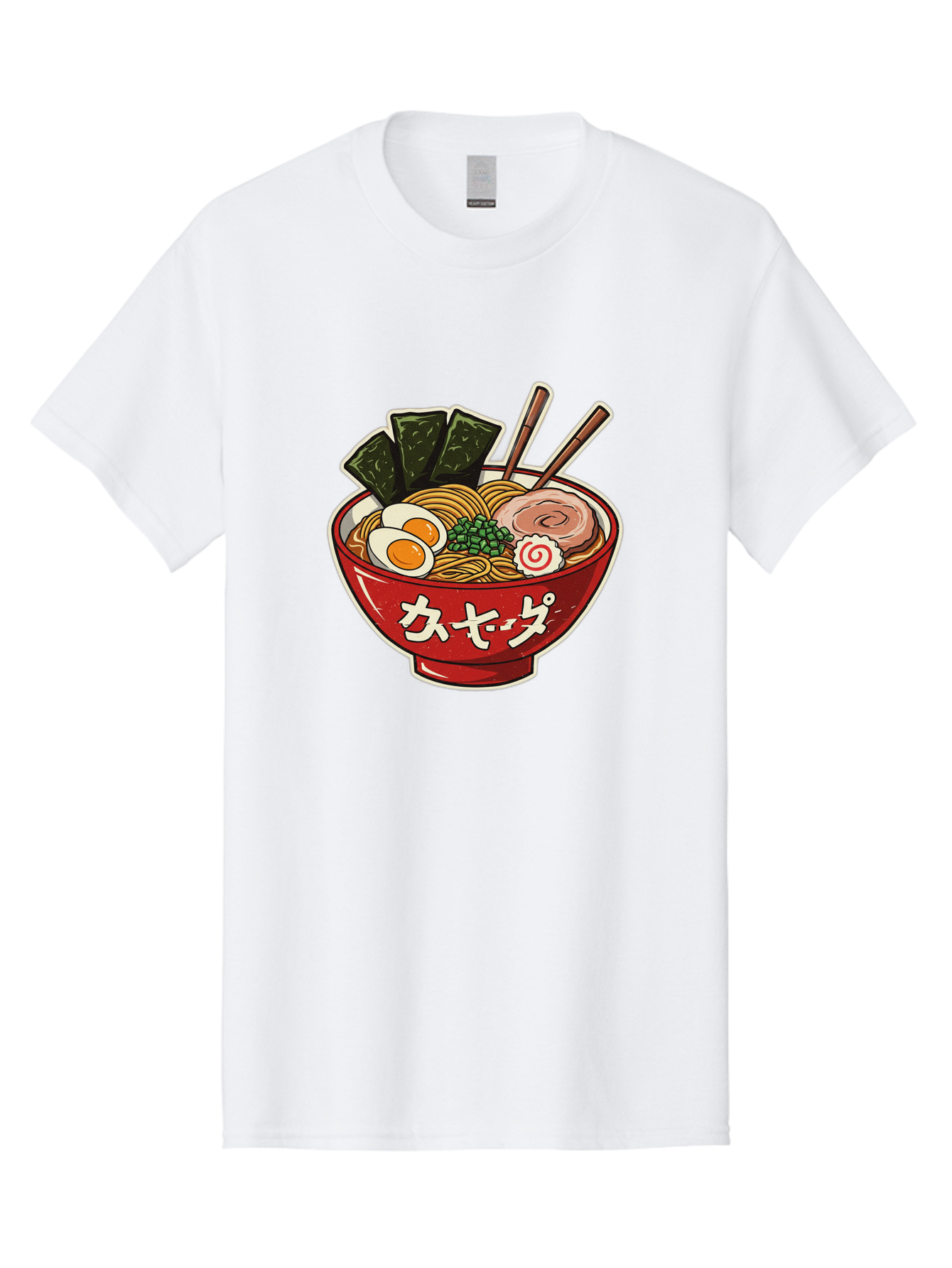 Ramen-4 Men'S Graphic Tee, 100% Cotton, Comfortable Casual Summer Wear, Machine Washable, Japanese Ramen, Noodle Soup, Boiled Egg, Green Peas, Seaweed, Sliced Pork, Chopsticks, Japanese Cuisine, Red Bowl, Katakana Script Bae701