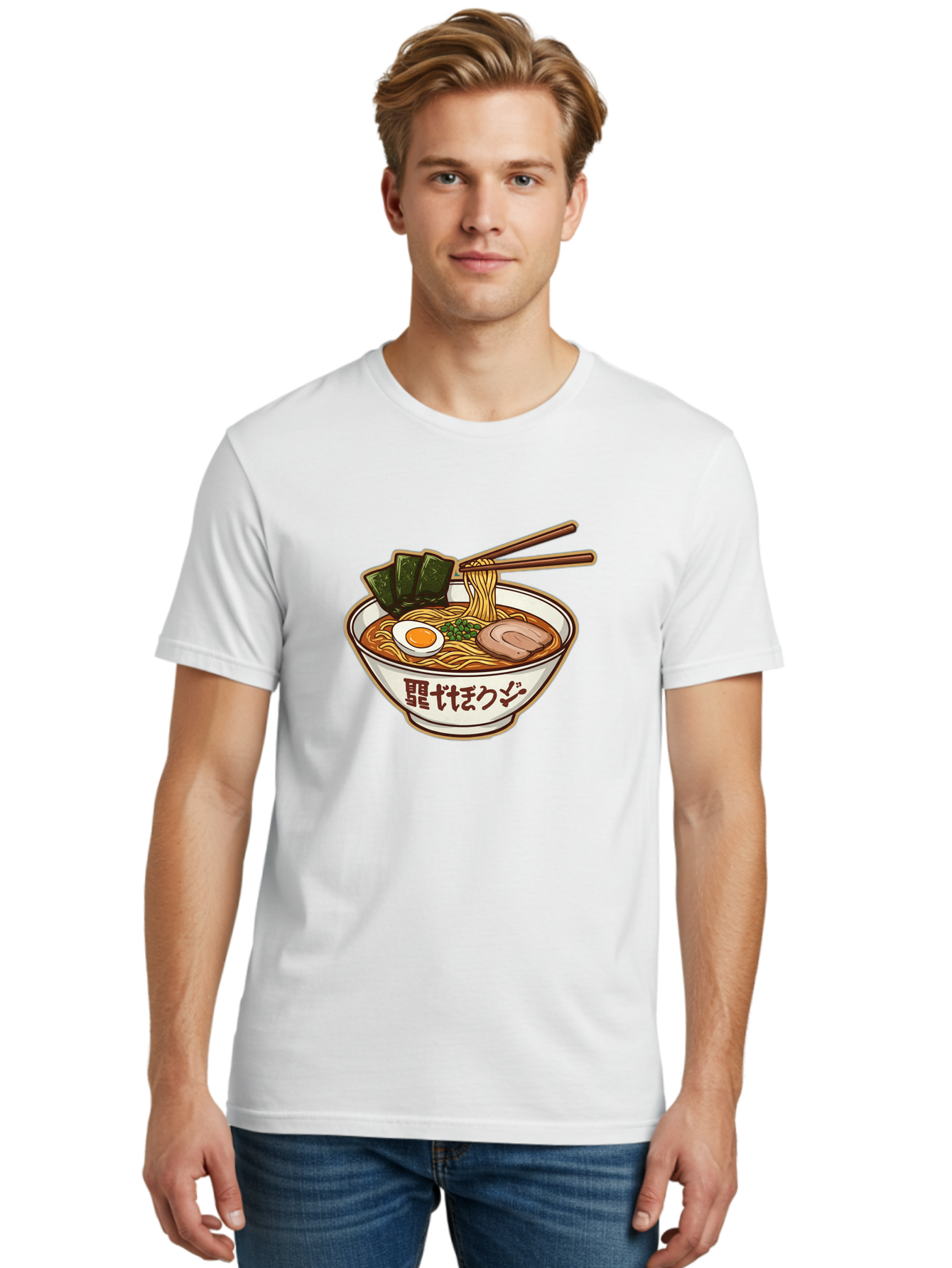 Ramen-5 Men'S Graphic Tee, 100% Cotton, Comfortable Casual Summer Wear, Machine Washable, Japanese Ramen, Savory Noodle Soup, Pork Slice, Soft-Boiled Egg, Green Onions, Seaweed, Chopsticks, Asian Cuisine, Comfort Food, Delicious Meal Bae702