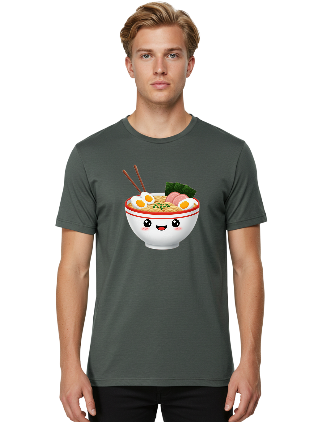 Ramen-Bowl-1 Men'S Graphic Tee, 100% Cotton, Comfortable Casual Summer Wear, Machine Washable, Cartoon Ramen Bowl, Steaming Hot Ramen, Boiled Egg, Sliced Ham, Seaweed, Chopsticks, Kawaii Food, Japanese Cuisine, Noodle Soup, Anime Style, Bae706