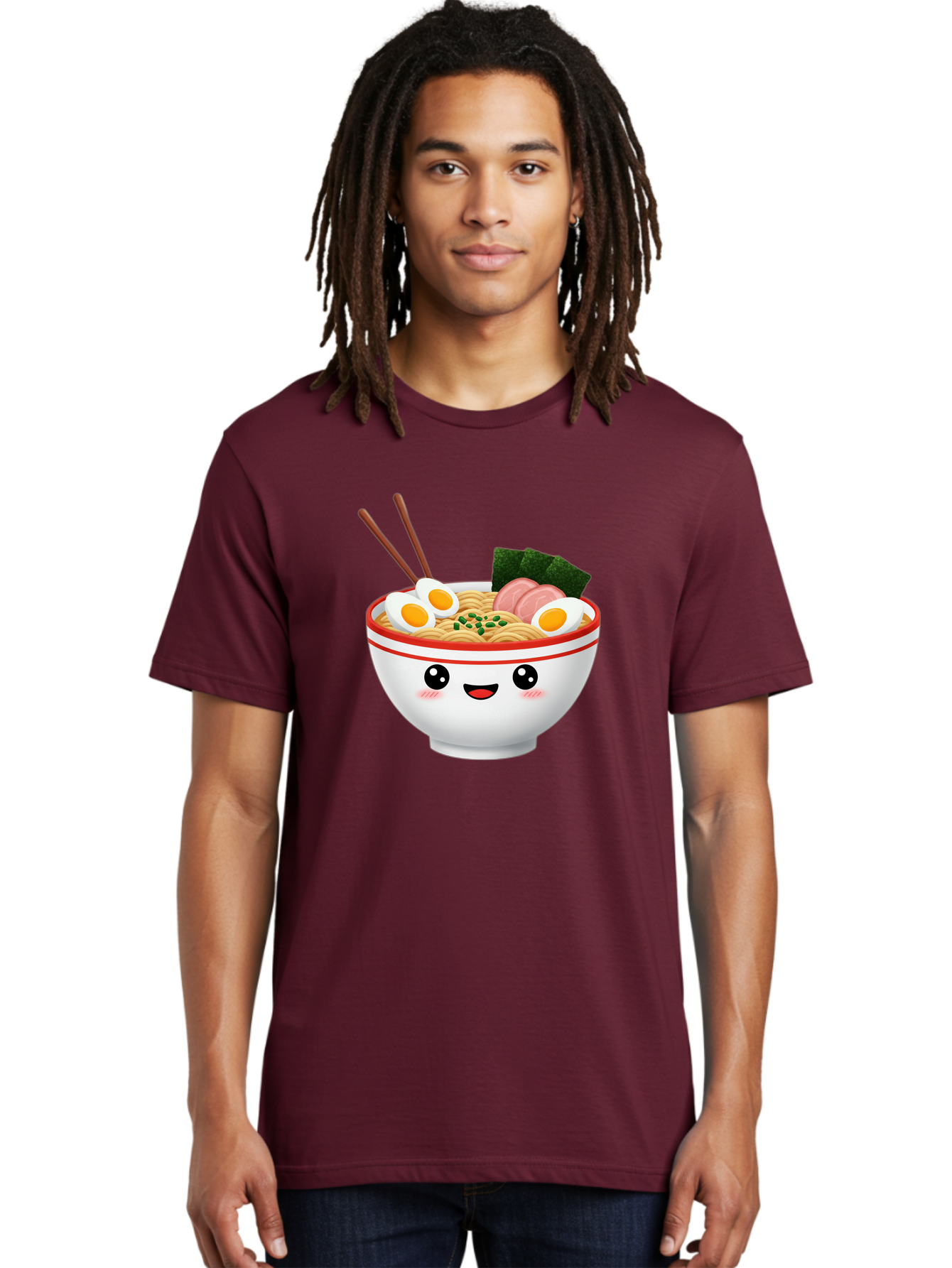 Ramen-Bowl-1 Men'S Graphic Tee, 100% Cotton, Comfortable Casual Summer Wear, Machine Washable, Cartoon Ramen Bowl, Steaming Hot Ramen, Boiled Egg, Sliced Ham, Seaweed, Chopsticks, Kawaii Food, Japanese Cuisine, Noodle Soup, Anime Style, Bae706